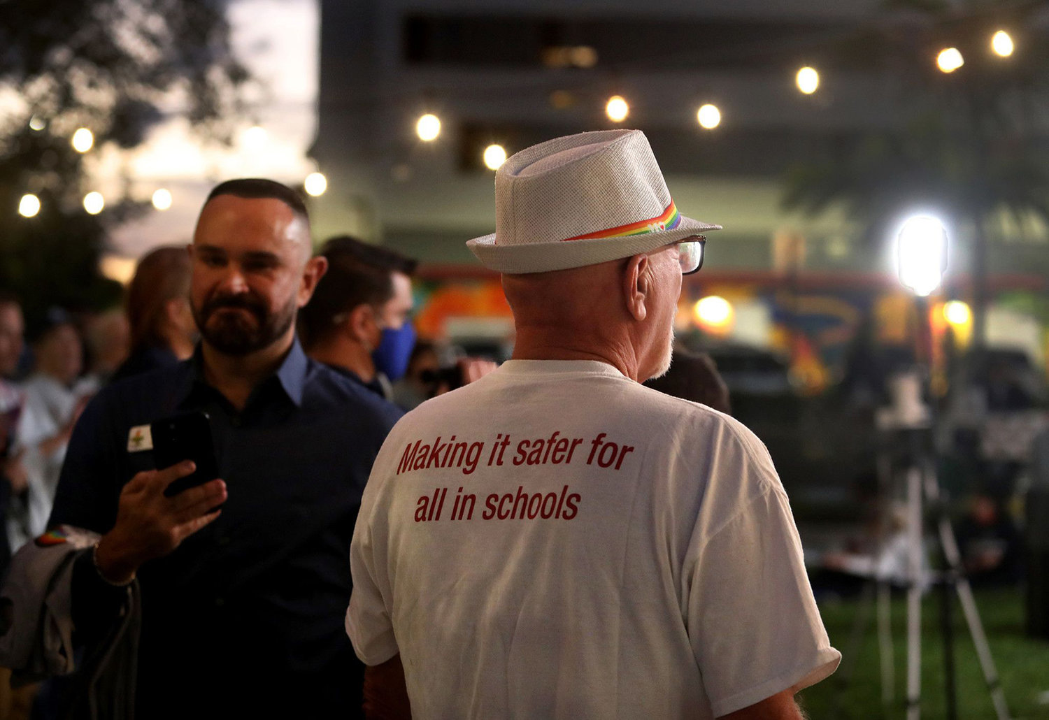 Tom Lander, a former teacher, and the chair of Safe Schools South Florida, at a rally to push back against the so-called "Don't Say Gay" bill (HB 1557/SB 1834) at the Pride Center in Wilton Manors on Tuesday, Feb. 2, 2022. The bill would ban classroom discussions related to sexual orientation and gender identity in schools. (Mike Stocker/Sun Sentinel/TNS)