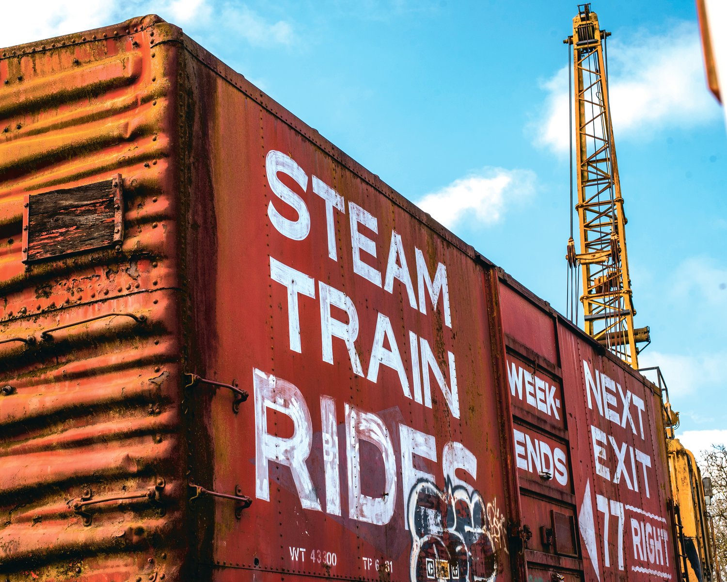 Train cars advertise steam train rides in Chehalis on Wednesday.
