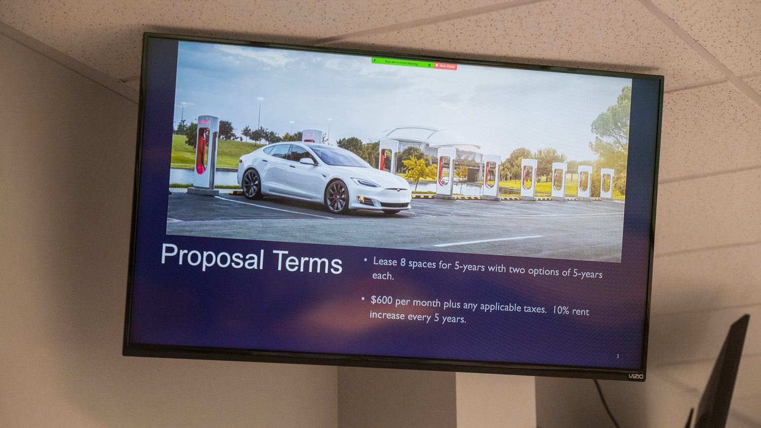 A proposal is presented by Brandon Rakes for Tesla charging stations near The Home Depot in Chehalis.