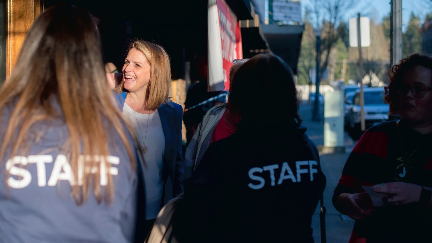 Heidi St. John smiles while mingling with attendees of “The Freedom Tour” Tuesday afternoon in downtown Centralia.