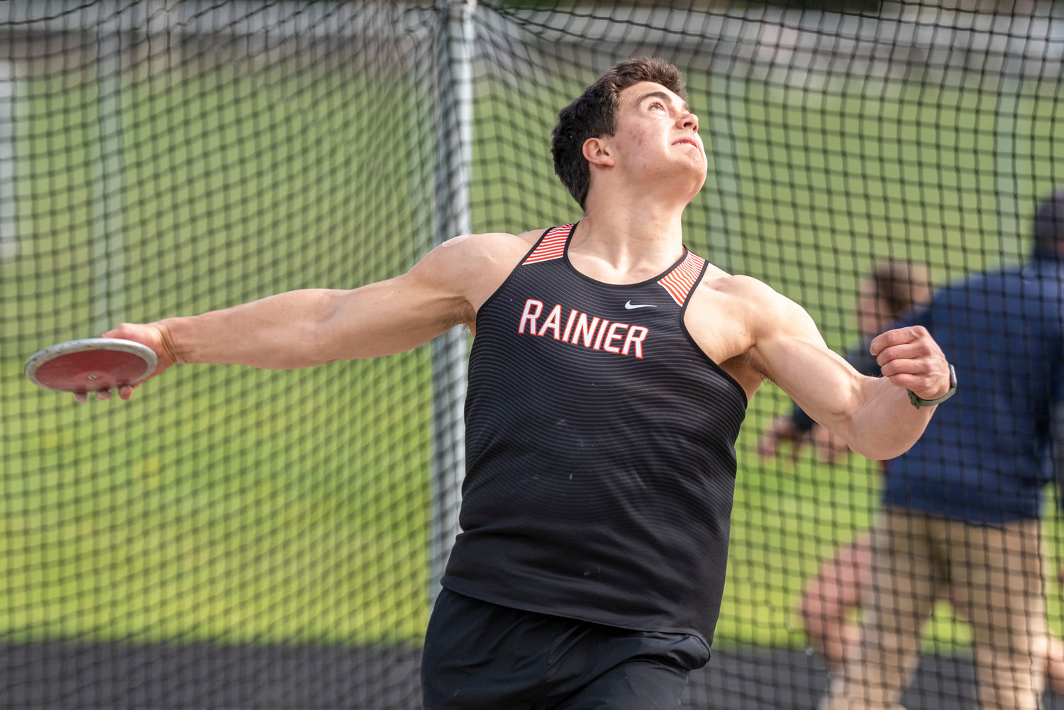 Rainier senior Jeremiah Nubbe won the boys discus with a toss of 202 feet, 7.5 inches during a track meet at Napavine High School on March 31.