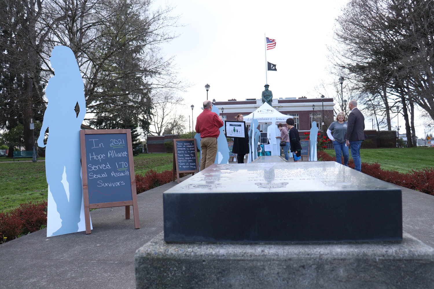 Hope Alliance kicked off Sexual Assault Awareness Month on Thursday with a self-guided walk at George Washington Park, where displays shared facts on sexual assault and created a space to remember sexual assault survivors.