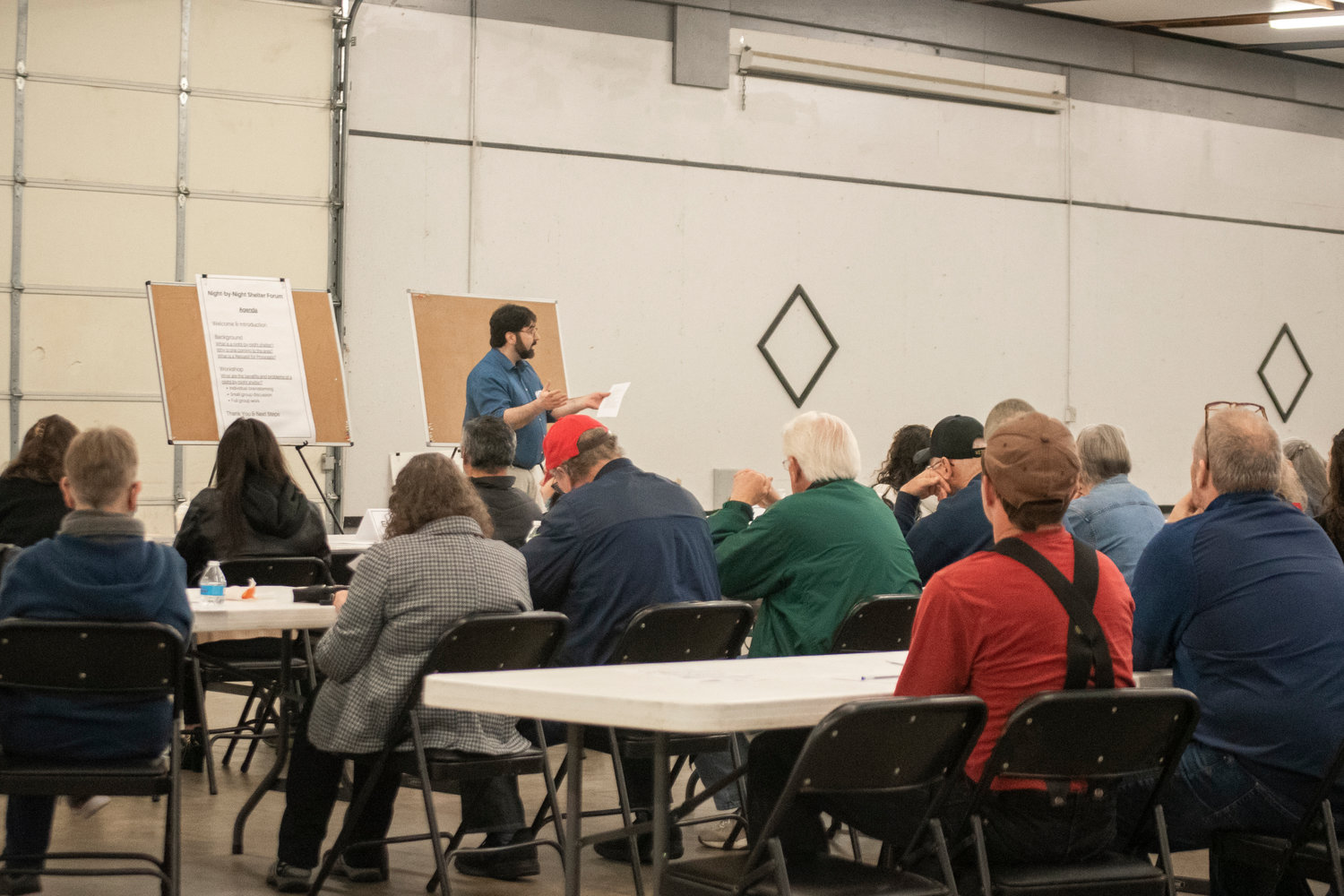 Lewis County Special Projects Deputy Prosecuting Attorney Eric Eisenberg speaks to attendees during a facilitated public forum on a proposed night-by-night shelter in Lewis County on Thursday night at the Southwest Washington Fairgrounds.