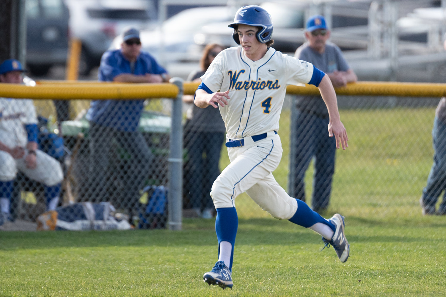 Rochester's Ledger Anderson sprints home after Tate Quarnstrom's double against Shelton April 7.