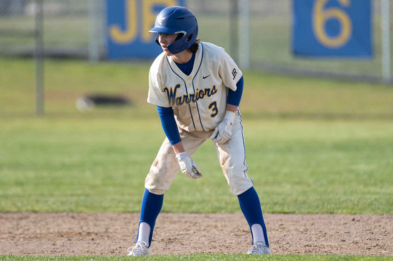 Rochester's Mason Ubias takes a look at the plate from second base against Shelton April 7.