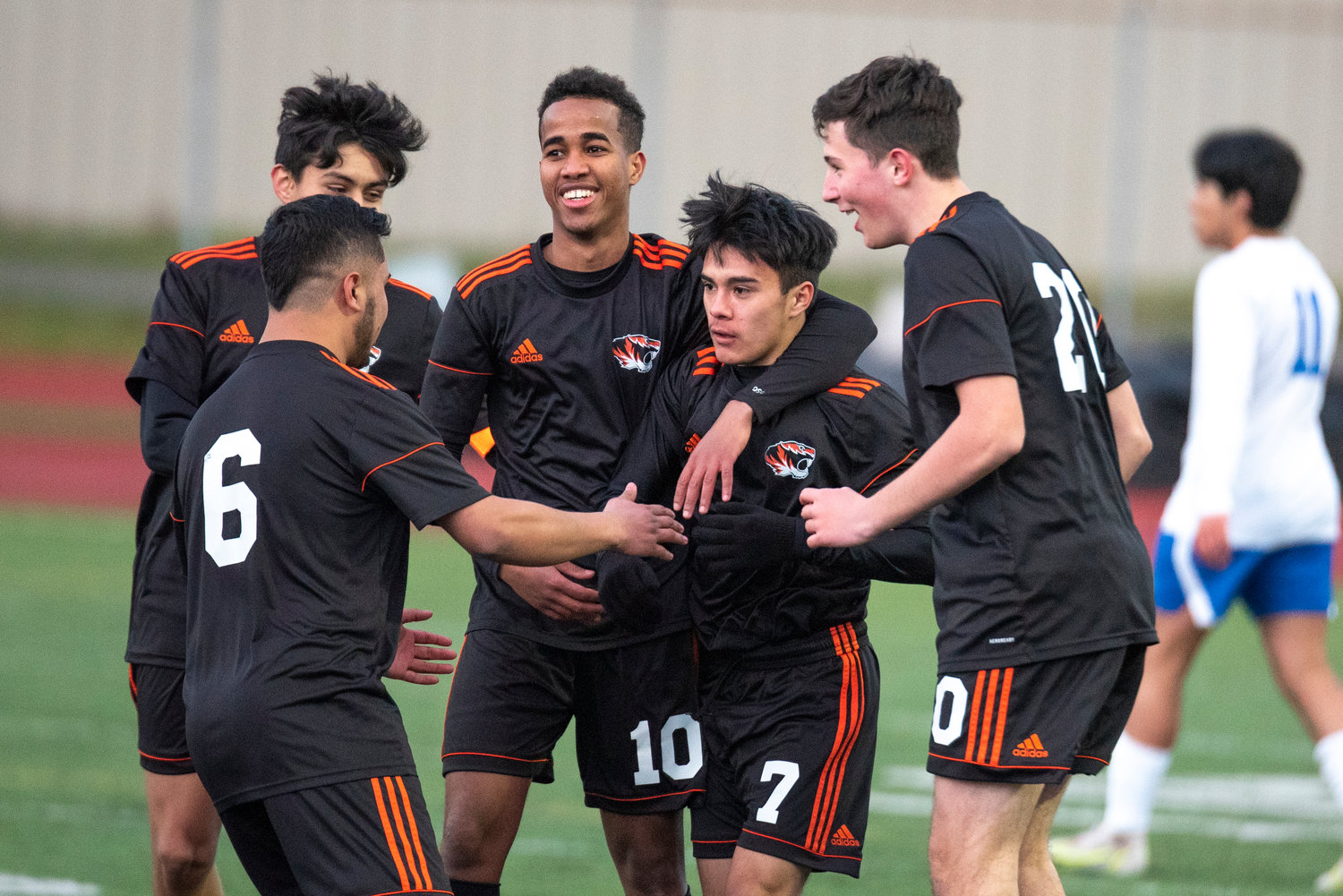 Centralia players celebrate Kilmer Alverto-Gabarrette's goal against Rochester in the 3rd minute during a home game on Tuesday, April 12.