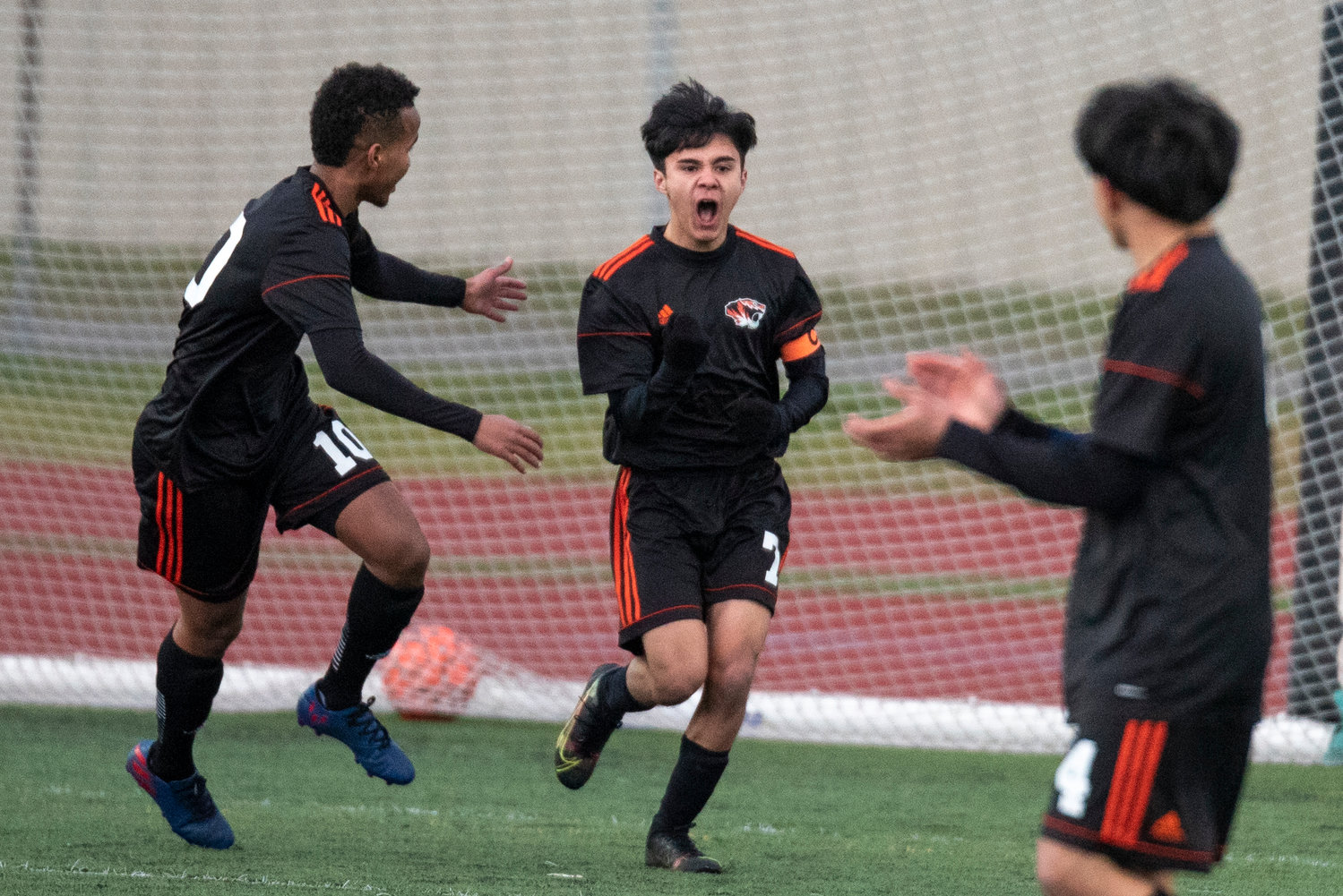 Centralia's Kilmer Alverto-Gabarrette (7) yells in celebration after scoring a goal in the 3rd minute during a home game against Rochester on Tuesday, April 12.