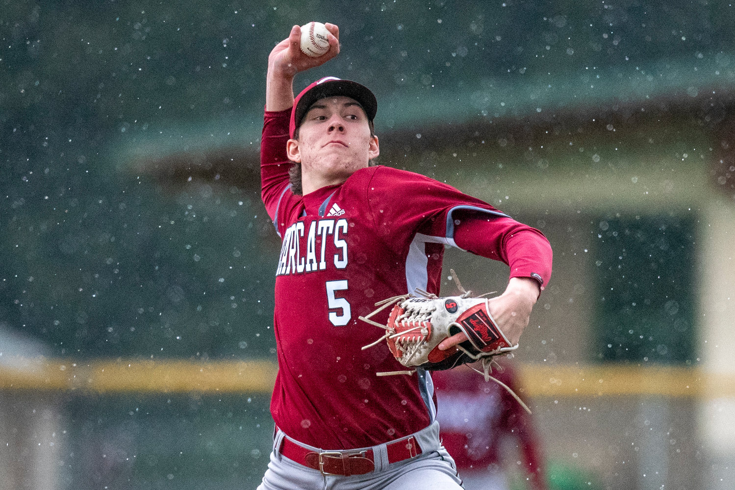 W.F. West's Hunter Lutman (5) delivers a pitch to a Tumwater batter during a road game on Thursday, April 14.
