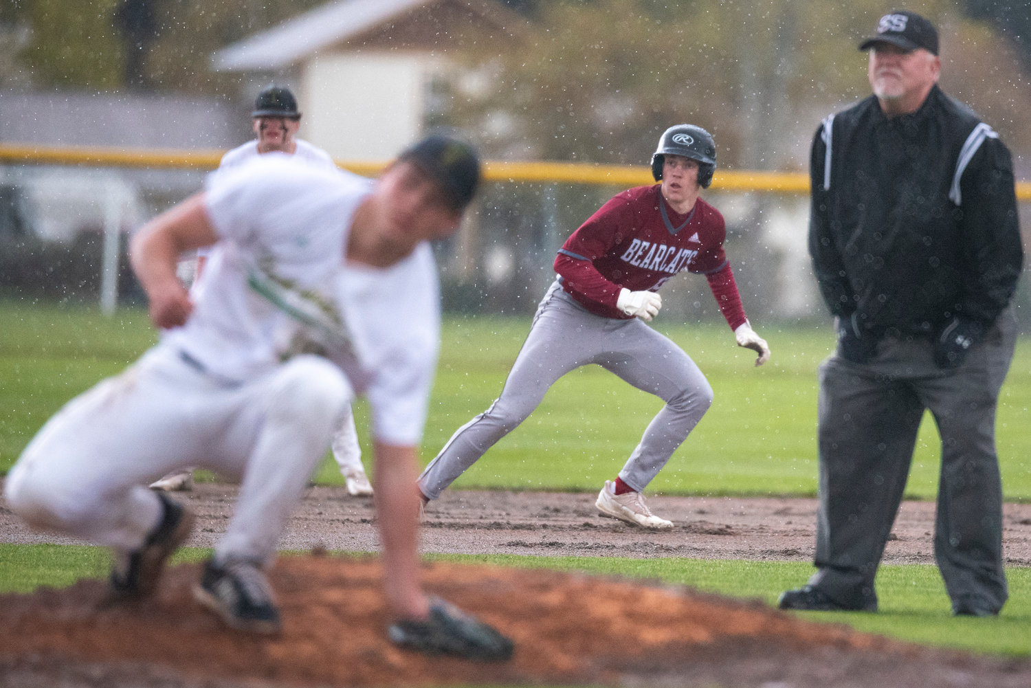 W.F. West's Gavin Fugate leads off from second base during a road game against Tumwater on April 14.