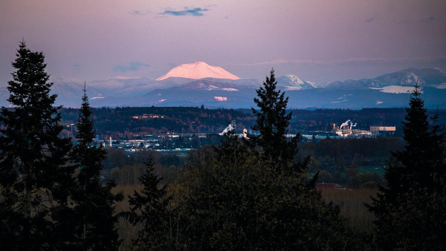 Mount Adams is seen from west of Chehalis at sunset.