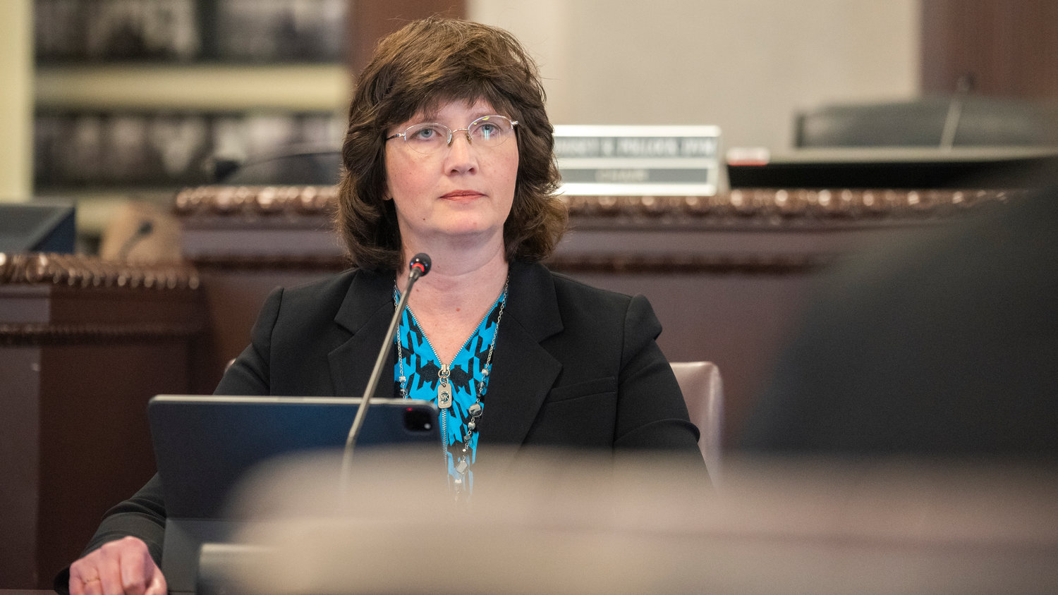 Commissioner Lindsey Pollock listens in during a meeting at the Lewis County Courthouse in Chehalis last April.