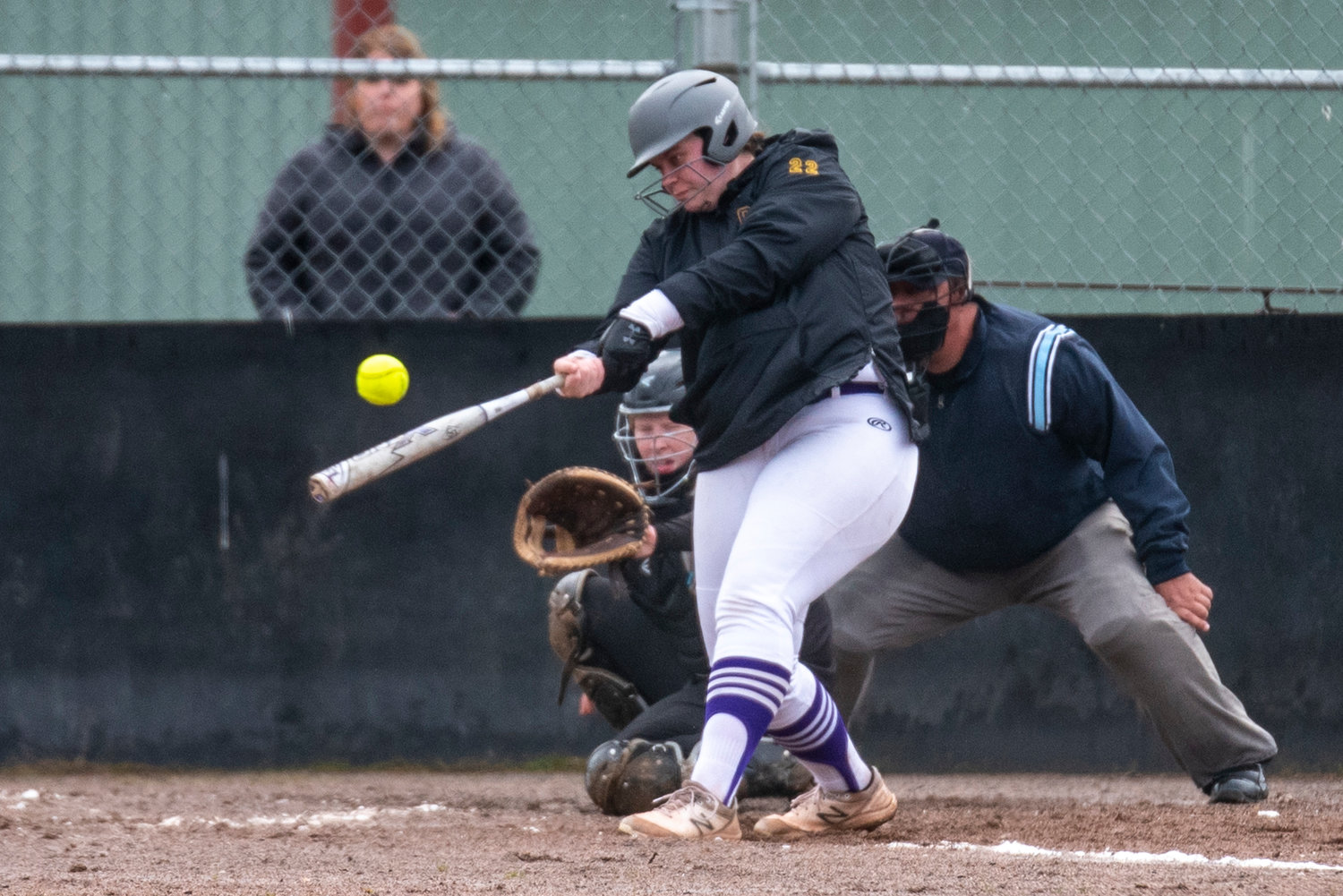 Onalaska's Hope Rhodes drives a Winlock pitch during a road game on April 21.