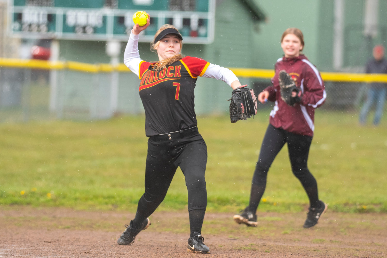 Winlock third baseman Maia Chaney (7) makes a throw to first base after digging a groundball during a home game against Onalaska on Thursday, April 21.