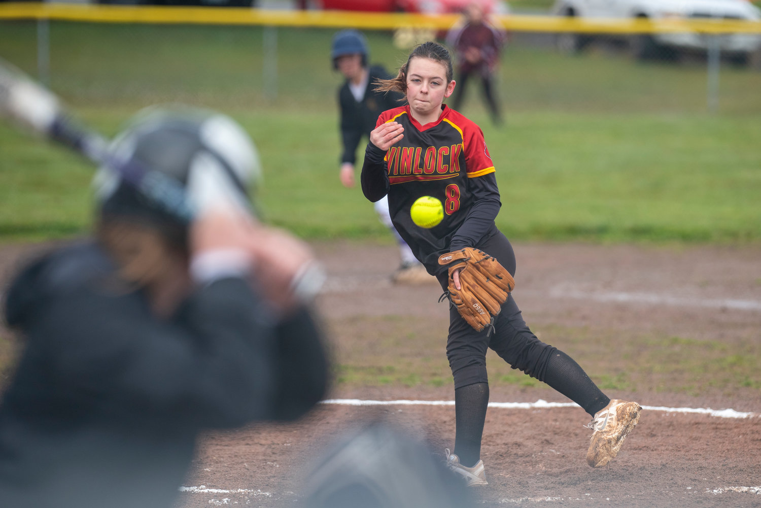 Onalaska's Cali Geehan (8) delivers a pitch to an Onalaska batter during a home game on April 21.