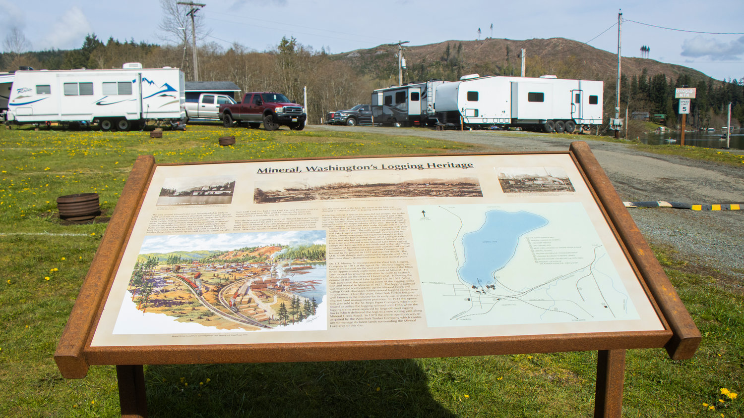 Signage sits on display at the Lions Den Campground in Mineral. The info board was donated by the Mount Rainier Railroad and Logging Museum.