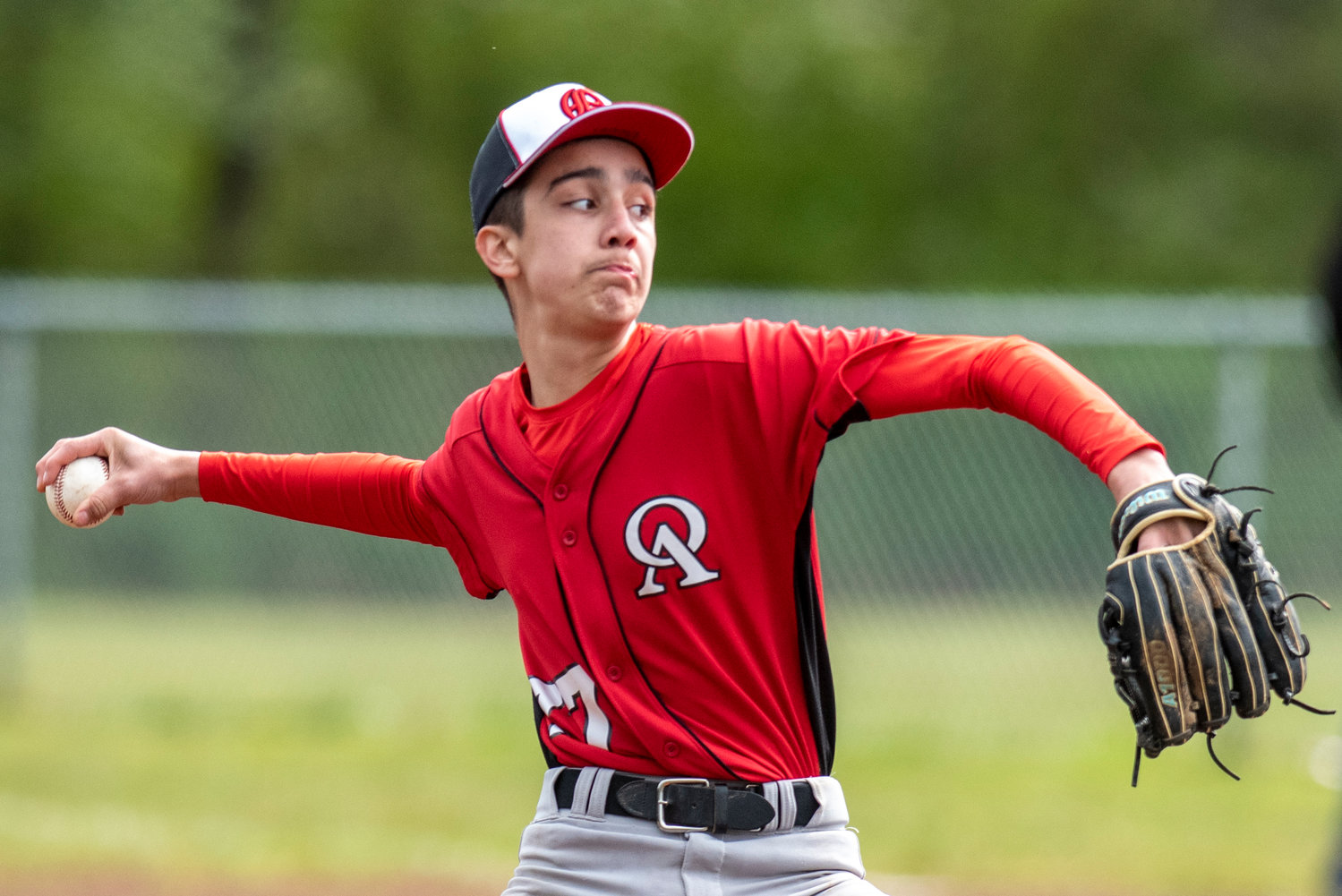 Oakville's Daniel Rodas winds up to deliver a pitch during a home game against Mossyrock at Legends Field Complex on April 28.