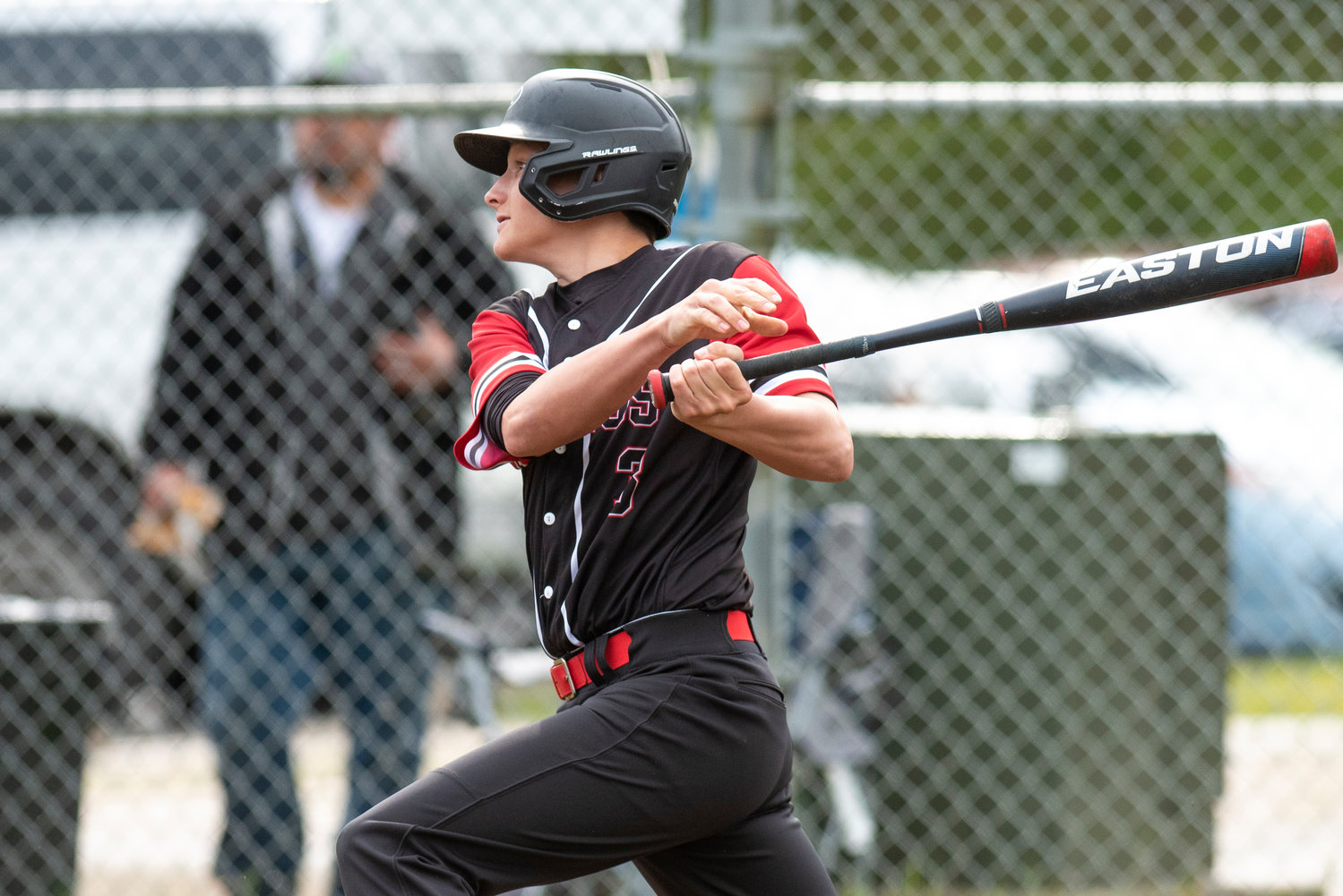 Mossyrock's Easton Kolb connects on an Oakville pitch during a road game at Legends Field Complex on April 28.
