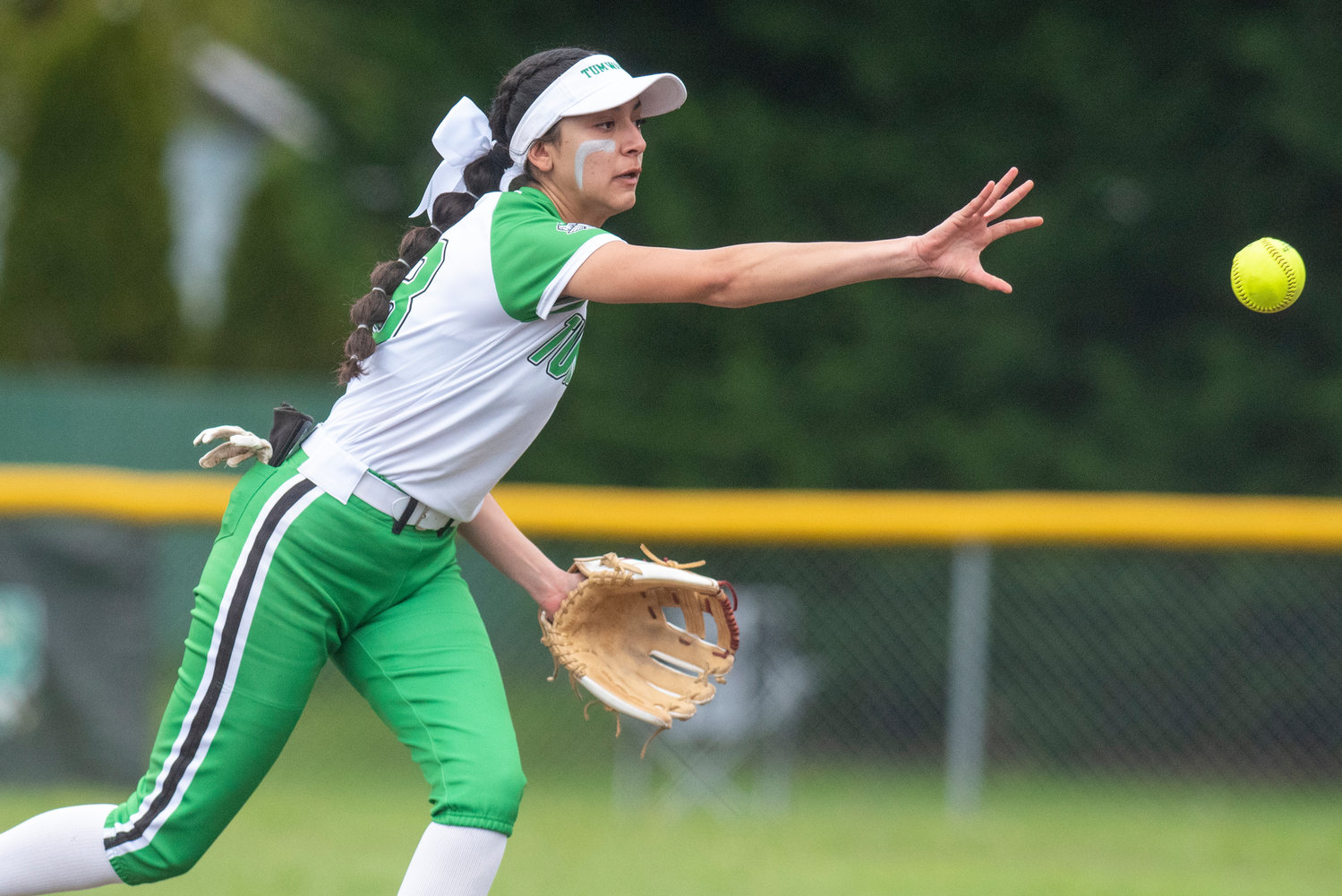 Tumwater second baseman Jaylene Manriquez makes a toss to first base during a home game against W.F. West on May 2.