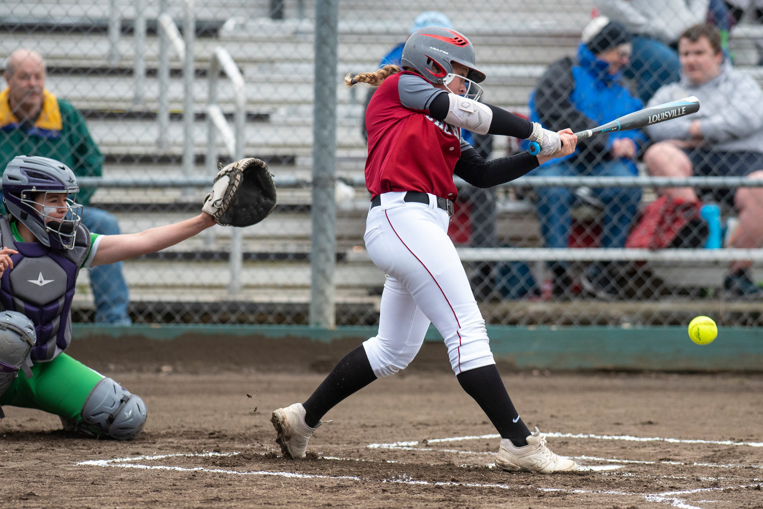 W.F. West's Lena Fragner makes contact on a Tumwater pitch during a road game on May 2.