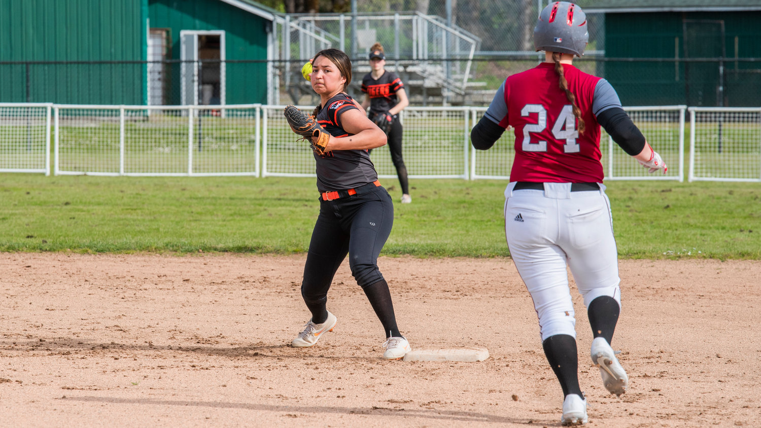 Centralia’s Makayala Chavez (10) turns the double play during a game against W.F. West to end the inning on Wednesday.