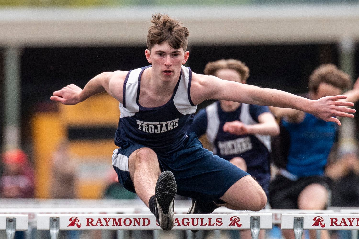 Pe Ell's Carter Phelps won the boys 110-meter hurdles at the 1B District IV meet in Raymond on May 11.