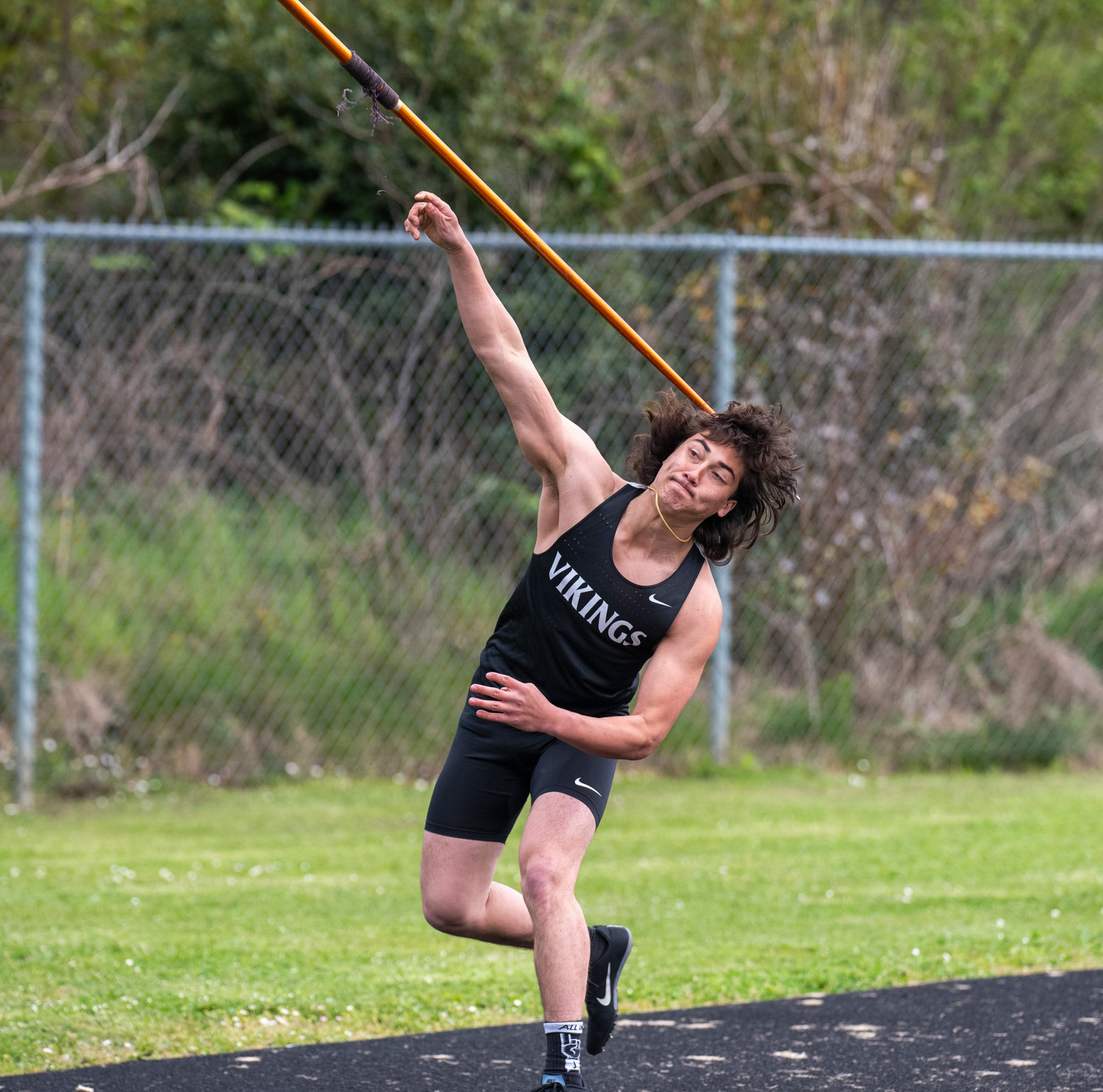 Mossyrock's Savage Griesen launches the javelin during districts on May 11 in Raymond.