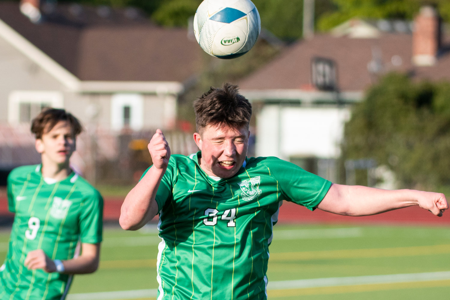 Tumwater's Andrew Lowe (34) heads the ball during the district semifinals against W.F. West on May 12.