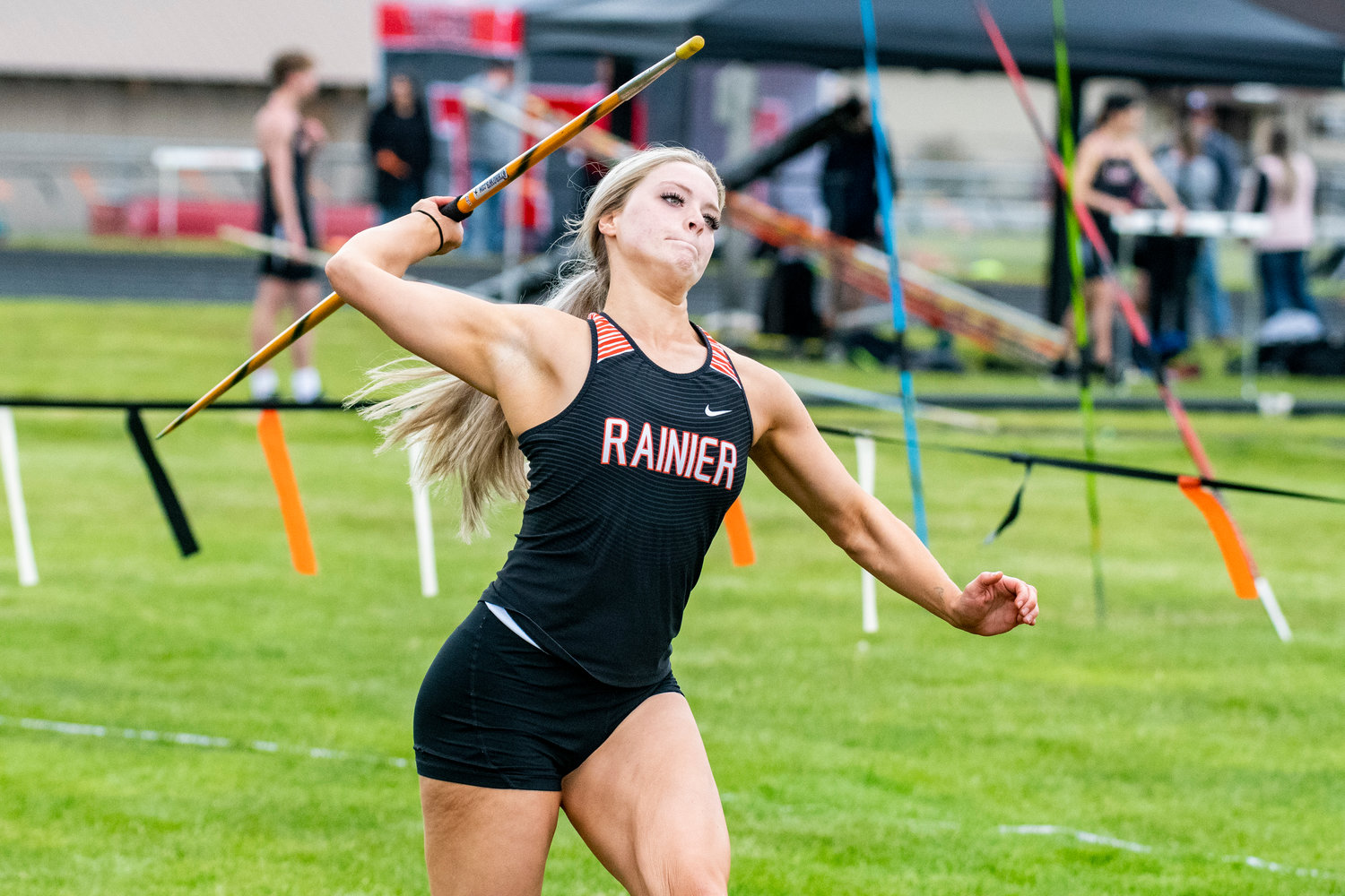 Rainier's Isabella Holmes prepares to launch the javelin at the Central 2B League Championships on May 13.