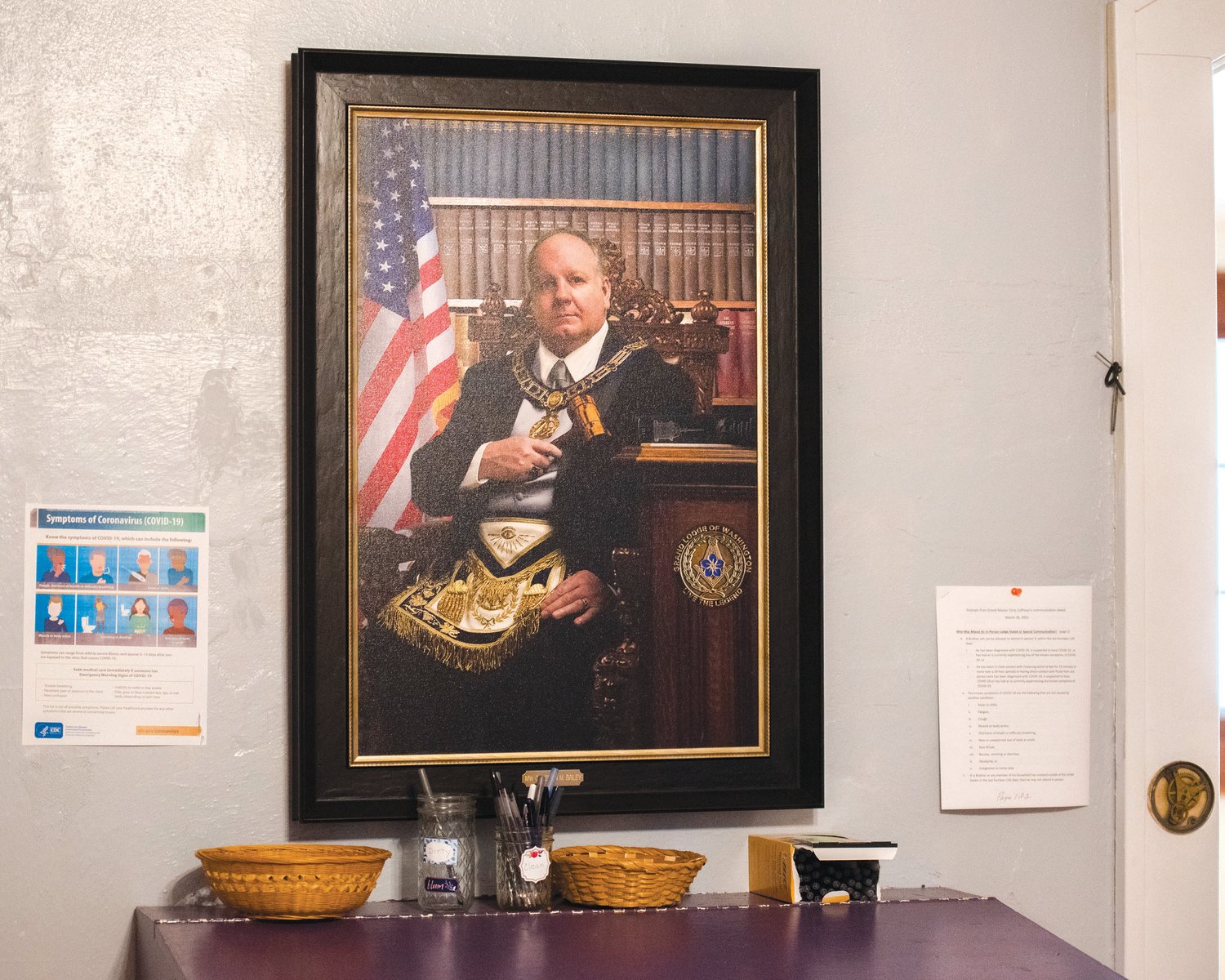 A portrait hangs on display inside the Masonic Temple in Centralia on Saturday.