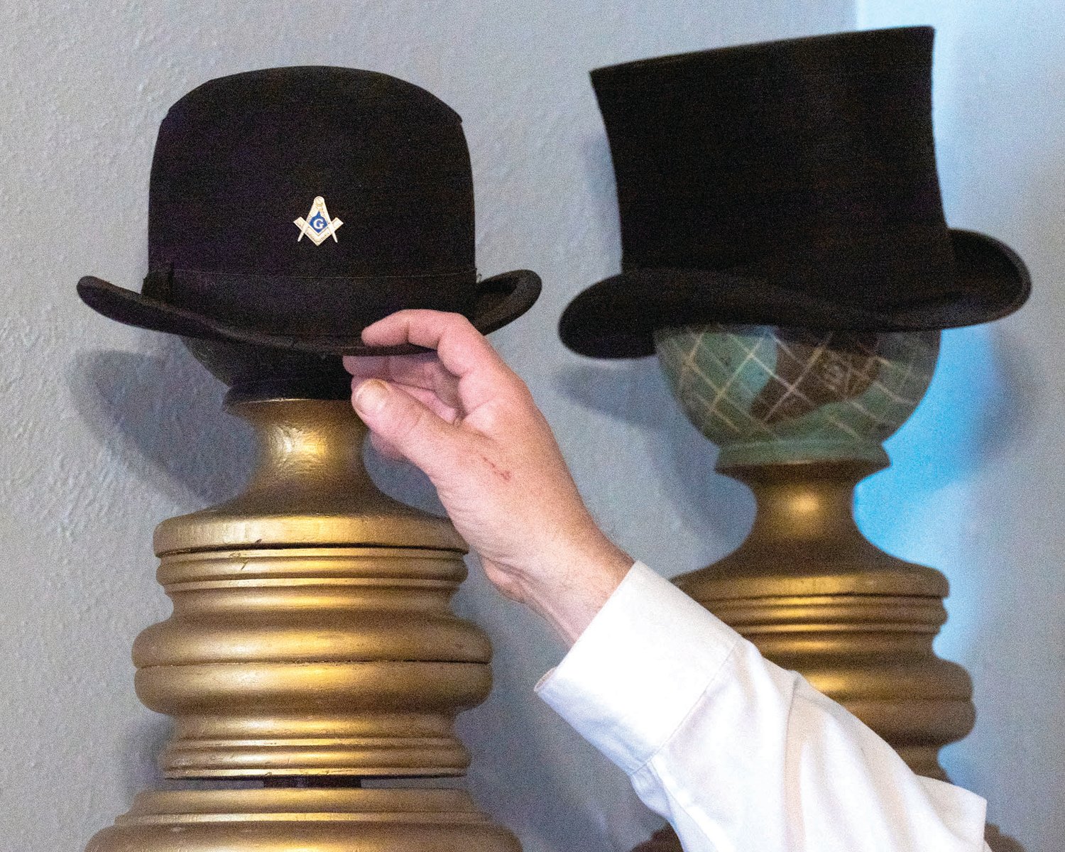 Hats sit on display inside the Masonic Temple in Centralia during a Saturday tour of the building.