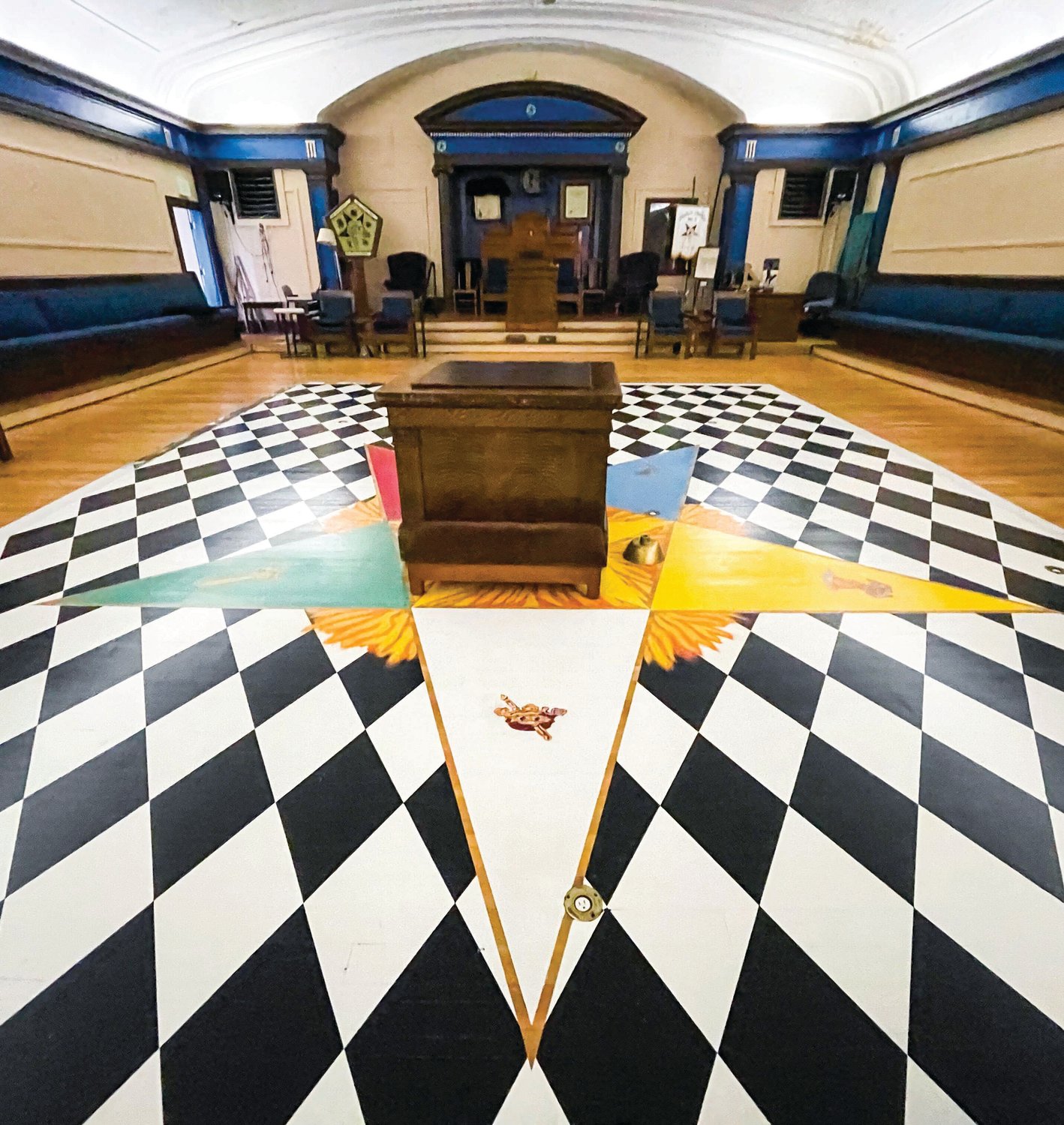 A star and checkered flooring decorate the top floor of the Masonic Temple in Centralia.