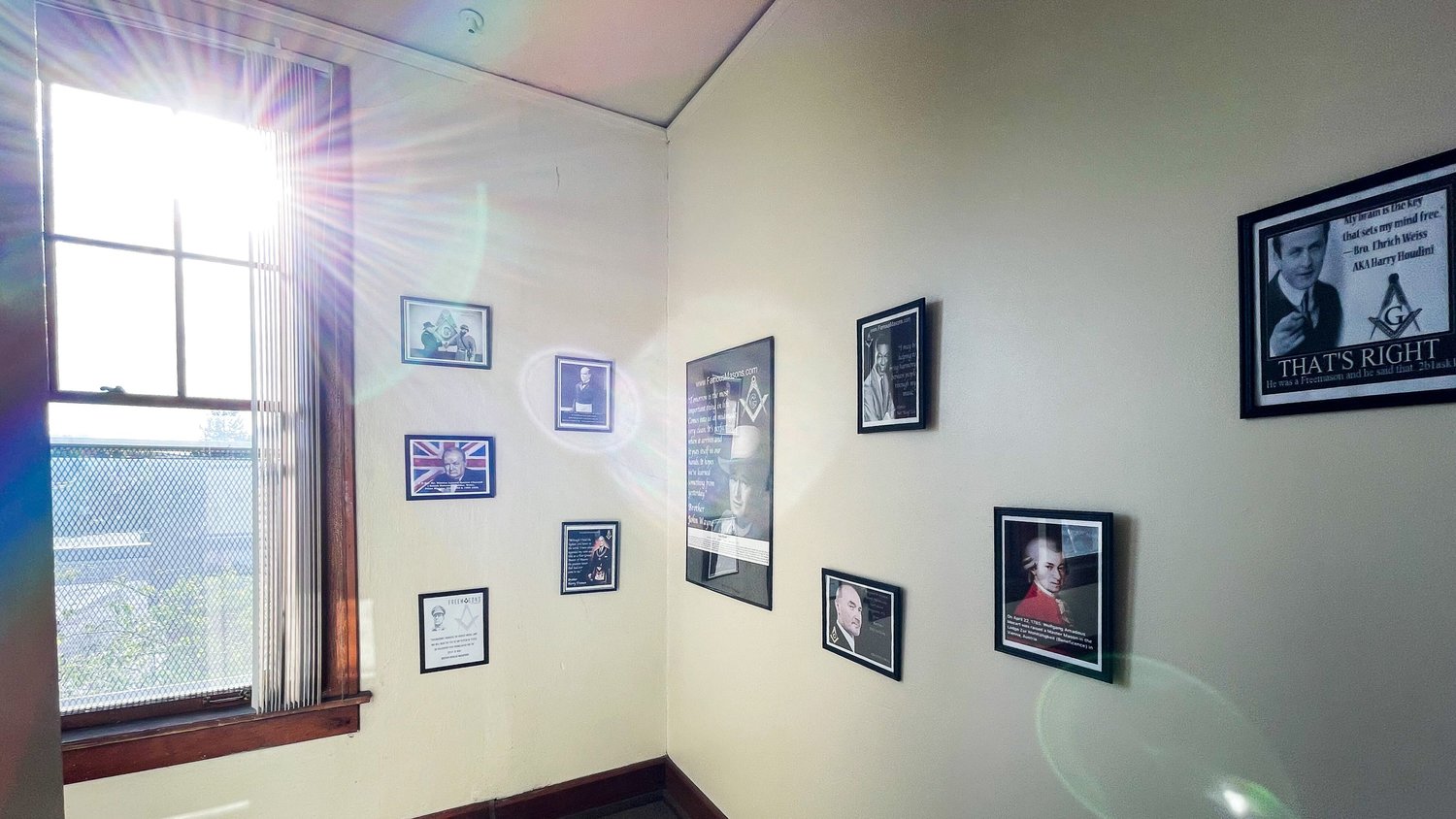 Photos and quotes hang on display inside the Masonic Temple in Centralia on Saturday.
