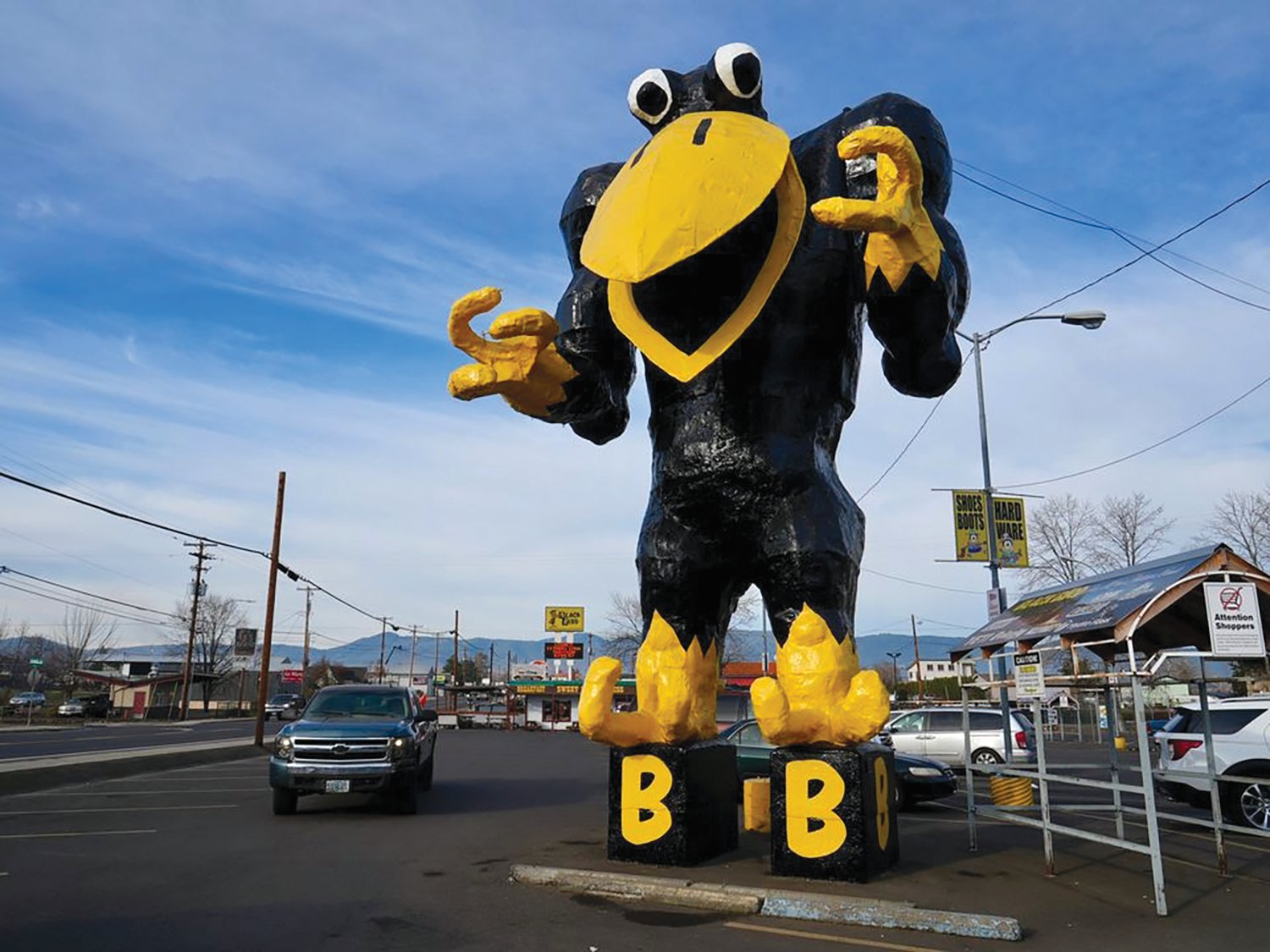 The Black Bird statue, constructed in 1965, sits outside the Black Bird store in Medford.
