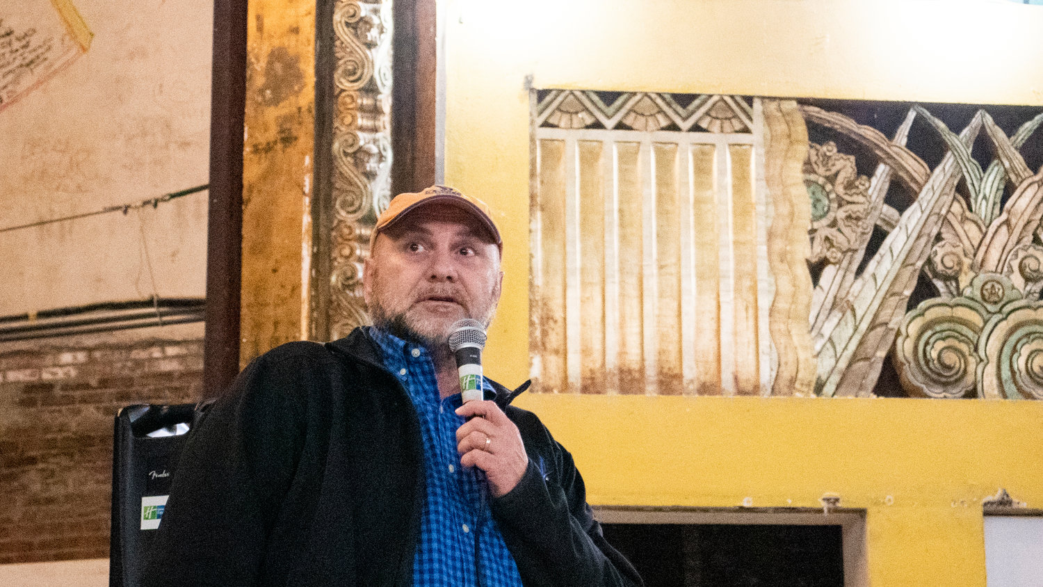 Todd Chaput talks about ongoing projects at the Fox Theatre during a Centralia-Chehalis Chamber of Commerce Business After Hours event Thursday in Centralia.