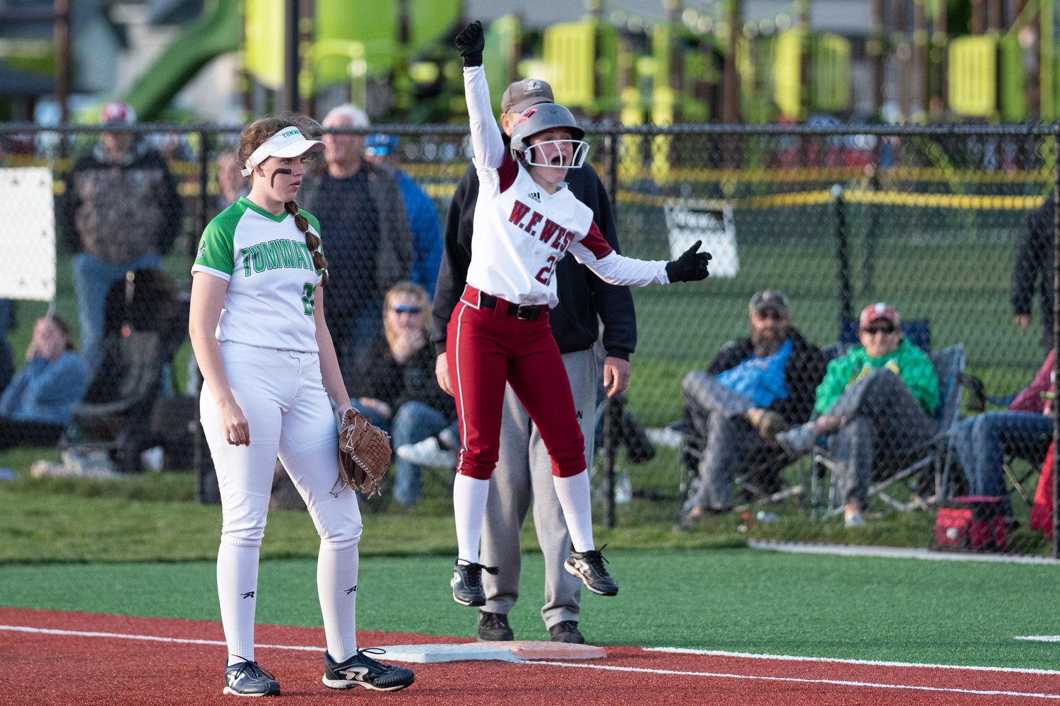 W.F. West shortstop Avalon Myers fist pumps after hitting the go-ahead RBIs against Tumwater in the 2A District 4 championship game at Rec Park May 20.