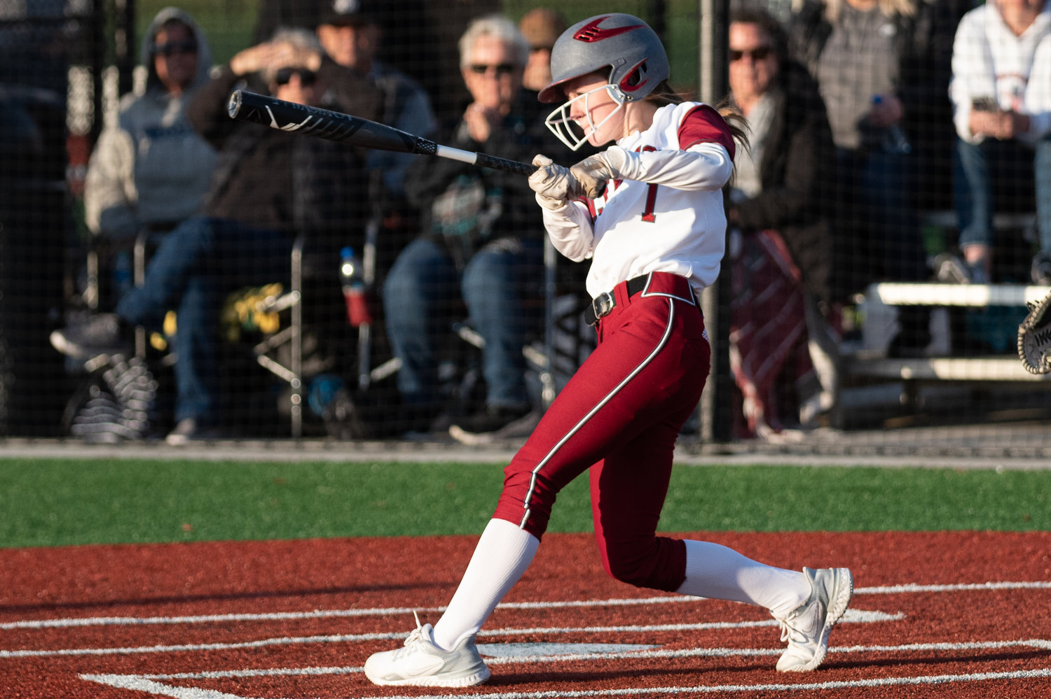 W.F. West infielder Brielle Etter hits the game-tying 2-RBI double in the seventh inning against Tumwater in the 2A District 4 championship game at Rec Park May 20.