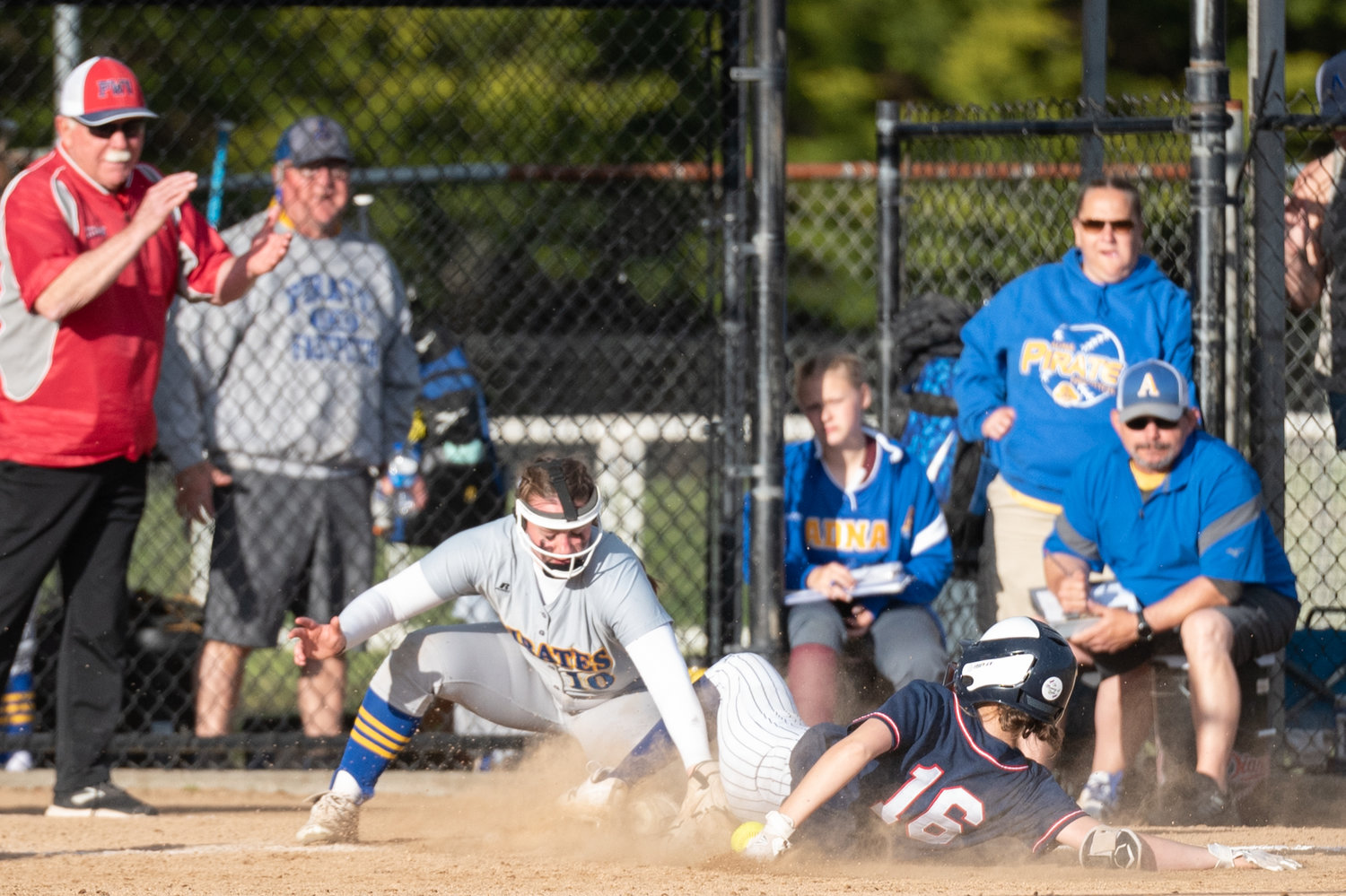 Adna third baseman Ashlee VonMoos can't hold on to a ball while PWV's Lauren Matlock slides into third in the 2B District 4 softball championship game at Fort Borst Park in Centralia May 21.