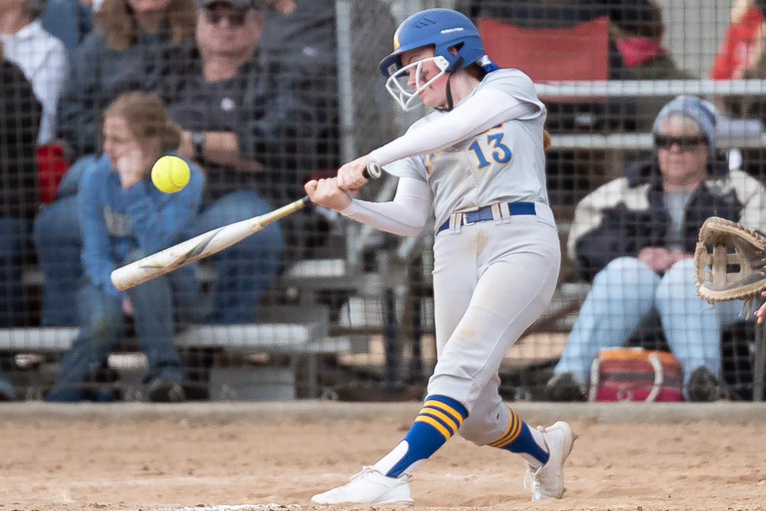 Adna's Natalie Loose makes contact with a pitch against PWV in the 2B District 4 softball championship game at Fort Borst Park in Centralia May 21.