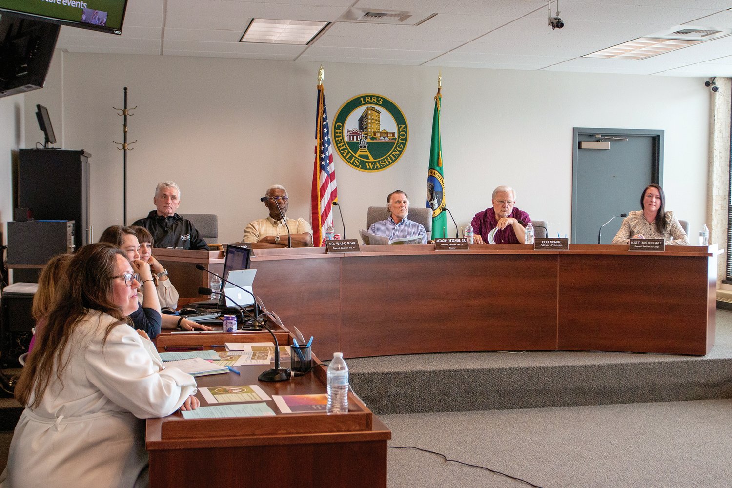 The Chehalis City Council listens to a presentation at the May 22 meeting held at Chehalis City Hall.
