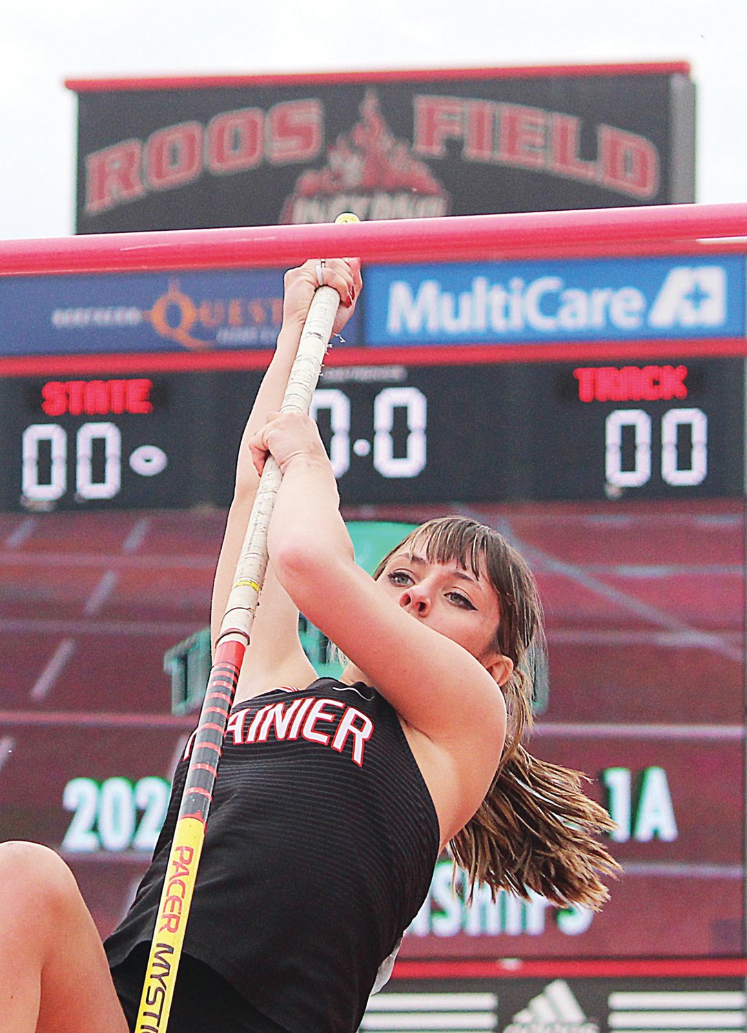 Rainier's Anna Champlin attempts to clear the pole vault bar during the State 1B/2B/1A Track and Field Championships in Cheney on Friday, May 27, 2022.