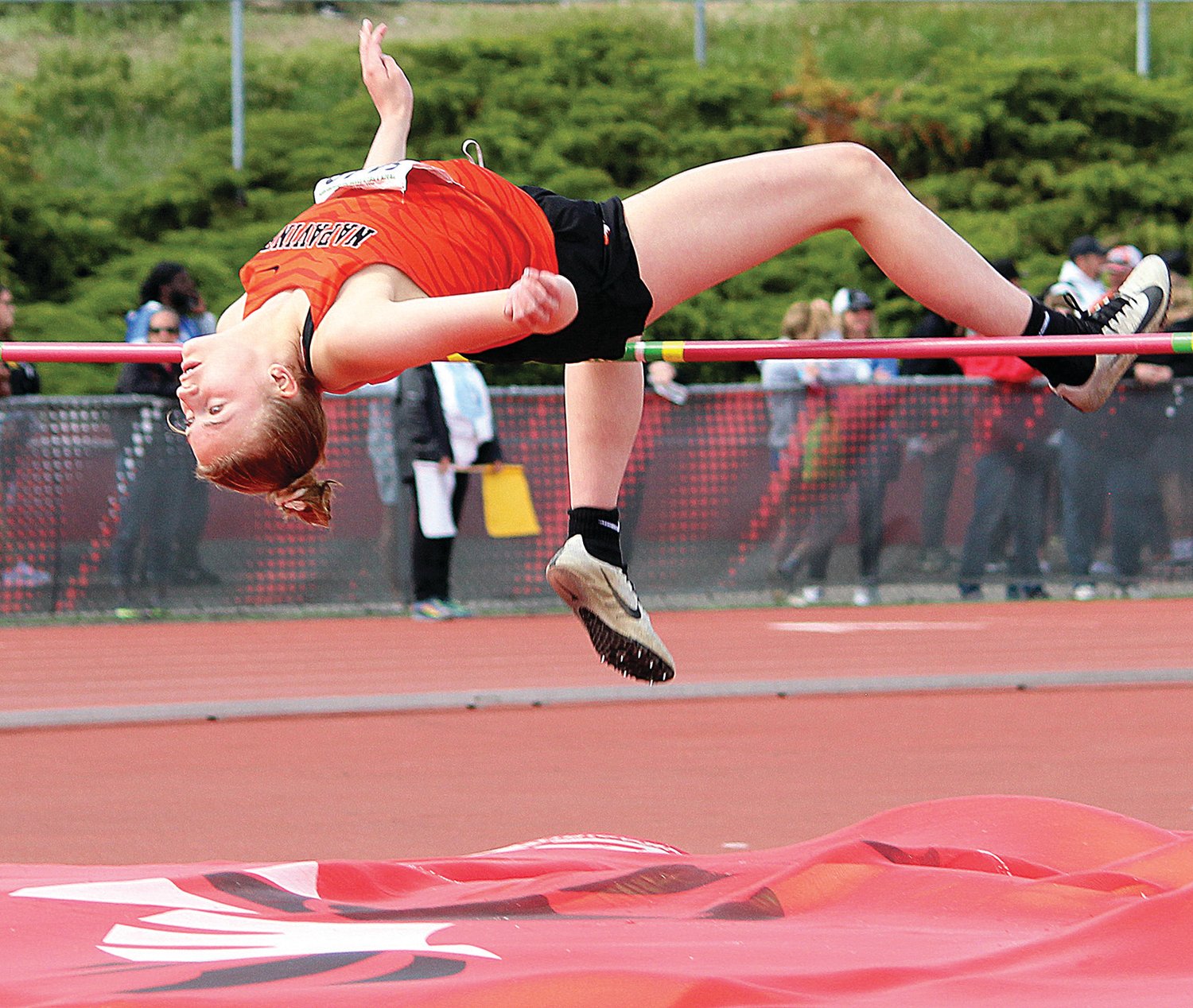 Napavine's Keira O'Neill clears the high jump bar during the State 1B/2B/1A Track and Field Championships in Cheney, WA on May 28, 2022.