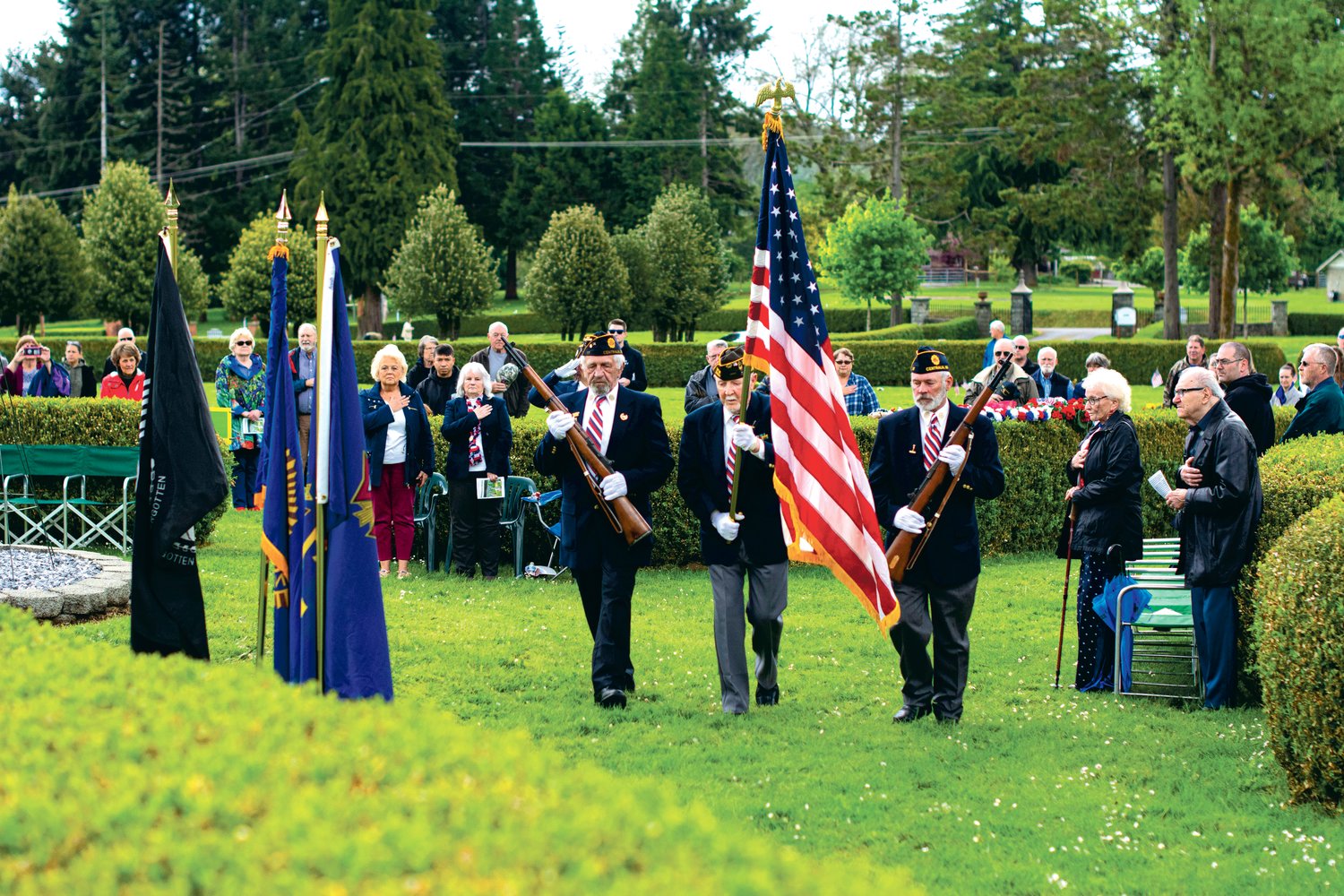 Veterans serve in the color guard on Monday at the Claquato Cemetery’s Memorial Day Ceremony.