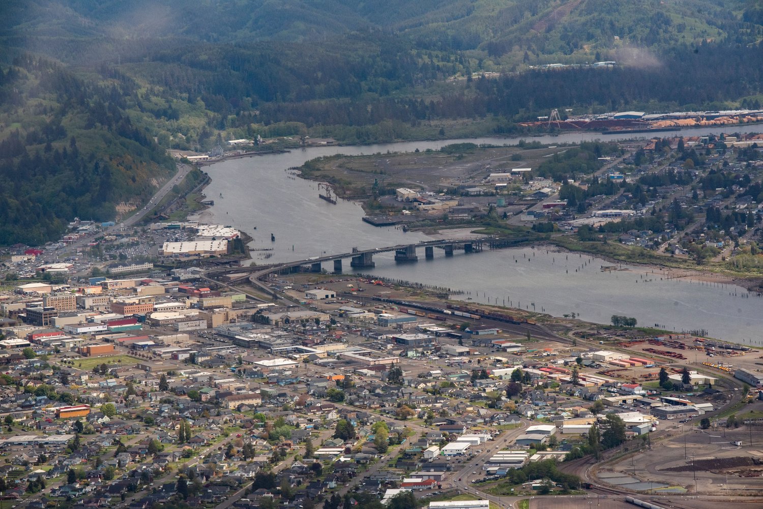 The Chehalis River Bridge in Aberdeen is seen from above.
