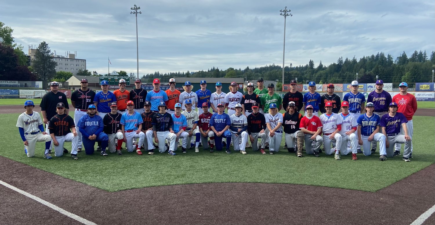 The Southwest Washington Senior All-Star Team Rosters pose for a photo after the Nationals team beat the Americans, 8-3, at Story Field in Longview June 1.
