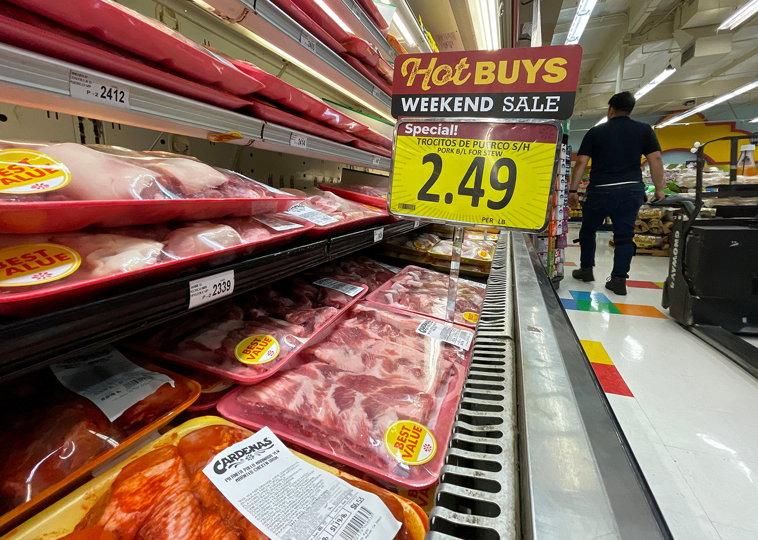 Meat is displayed on a shelf at a Cardenas Market on June 8, 2022, in San Rafael, California. (Justin Sullivan/Getty Images/TNS)