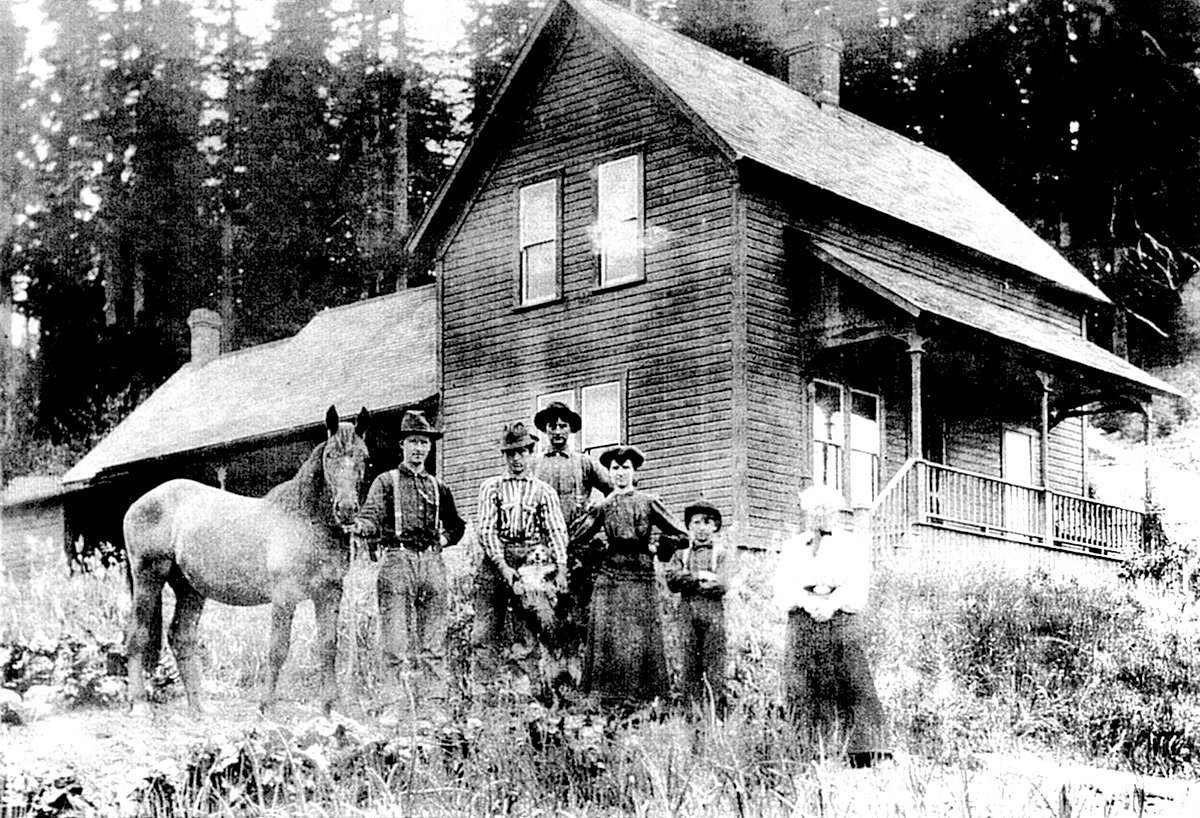 The Adolph and Amelia Mauermann place on Lincoln Creek in 1884 was, according to the family, “a little bit of a prairie-type area, and they just farmed it and had milk cows there.” Amelia regularly milked the cows on their farm and the cows became accustomed to her skirts. When the men were forced for one reason or another to milk the cows, they were also forced to wear skirts so the cows would provide milk. The spot on Lincoln Creek upon which the Mauermann home was built also drew annual visits by members of local Indian tribes who came to the area for a couple of months each year to hunt and put up their homes while fishing in the swollen waters for salmon. In this 1884 photo, from left, are Adolph, Frank, Fred, Maude, Harry and Amelia Mauermann.