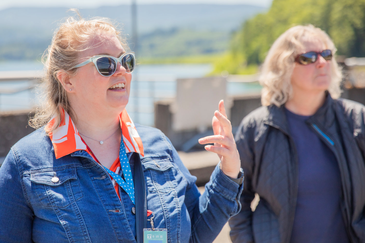 Monika Sundbaum talks about upcoming events around the Mossyrock Dam and surrounding communities Tuesday morning alongside Kyrra Wilson.