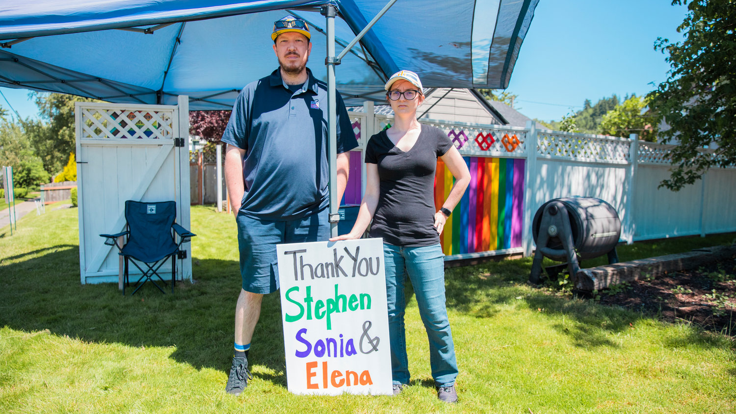 Mike and Jacky Vance pose for a photo next to a sign that reads “Thank you Stephen, Sonia & Elena” in front of the Chehalis Friendship Fence on Friday. The sign acknowledges the three justices who did not want to overrule Roe. v. Wade.