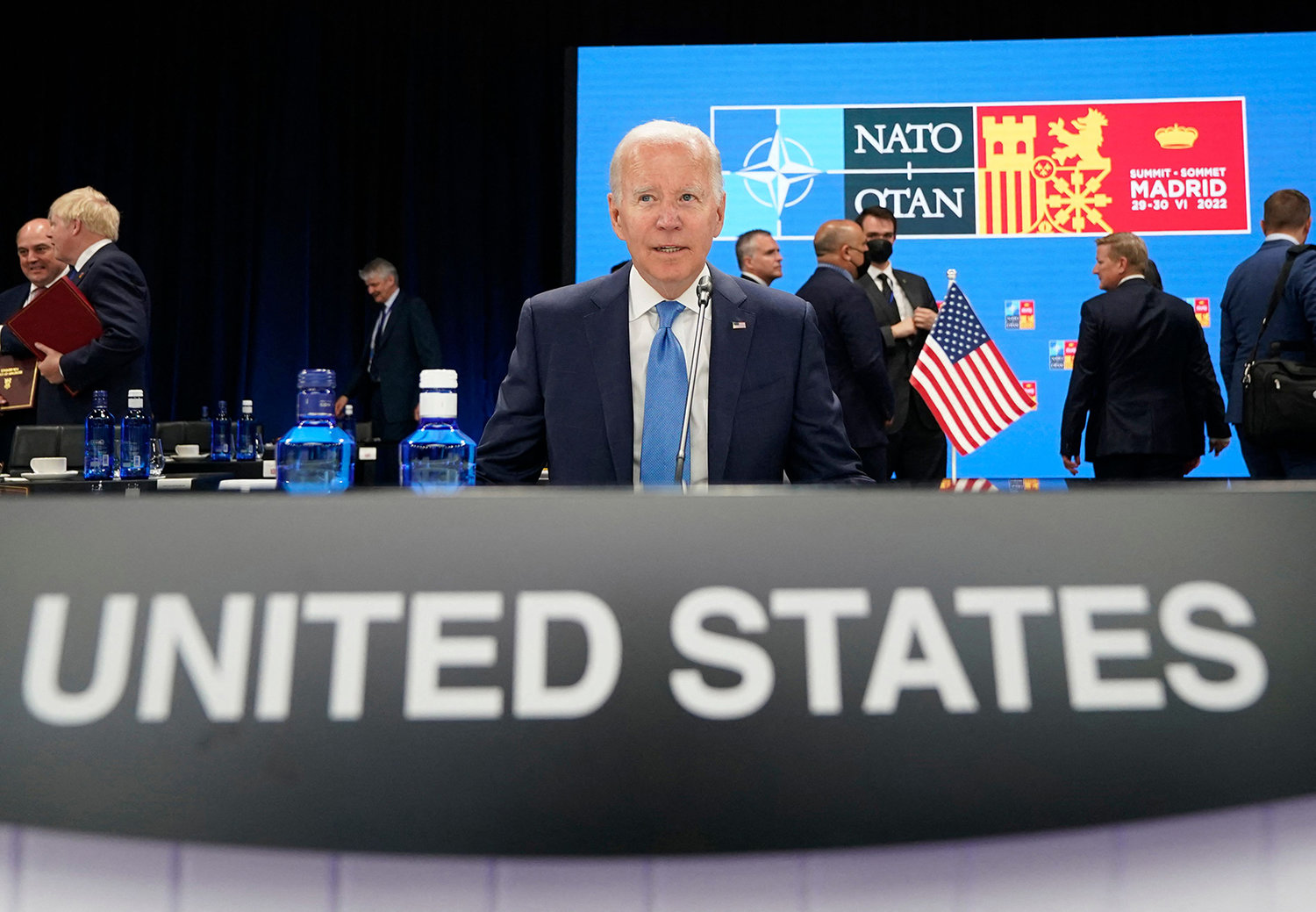 US President Joe Biden waits for the start of a round table meeting at a NATO summit in Madrid, on June 29, 2022. (Susan Walsh/Pool/AFP via Getty Images/TNS)