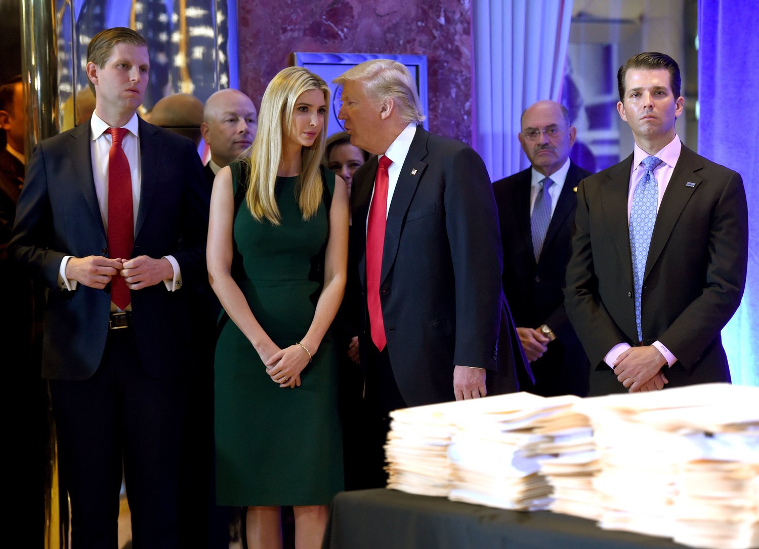In this file photo from Jan. 11, 2017, Donald Trump along with his children Eric, left, Ivanka and Donald Jr. arrive for a news conference at Trump Tower in New York. (Timothy A. Clary/AFP/Getty Images/TNS)